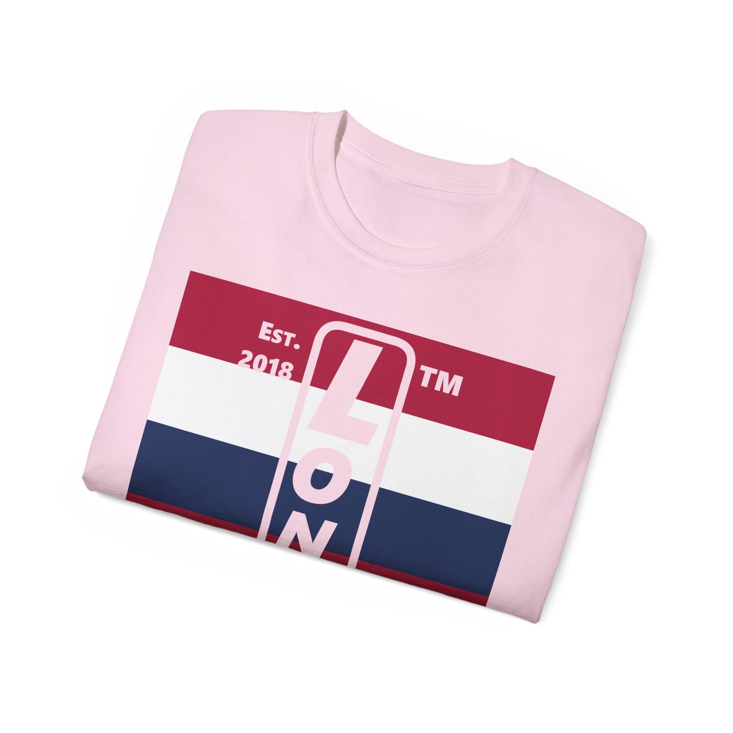 LongD cotton tee negative horizontal 6-striped Hyde Park upright logo (Patriotic colors)