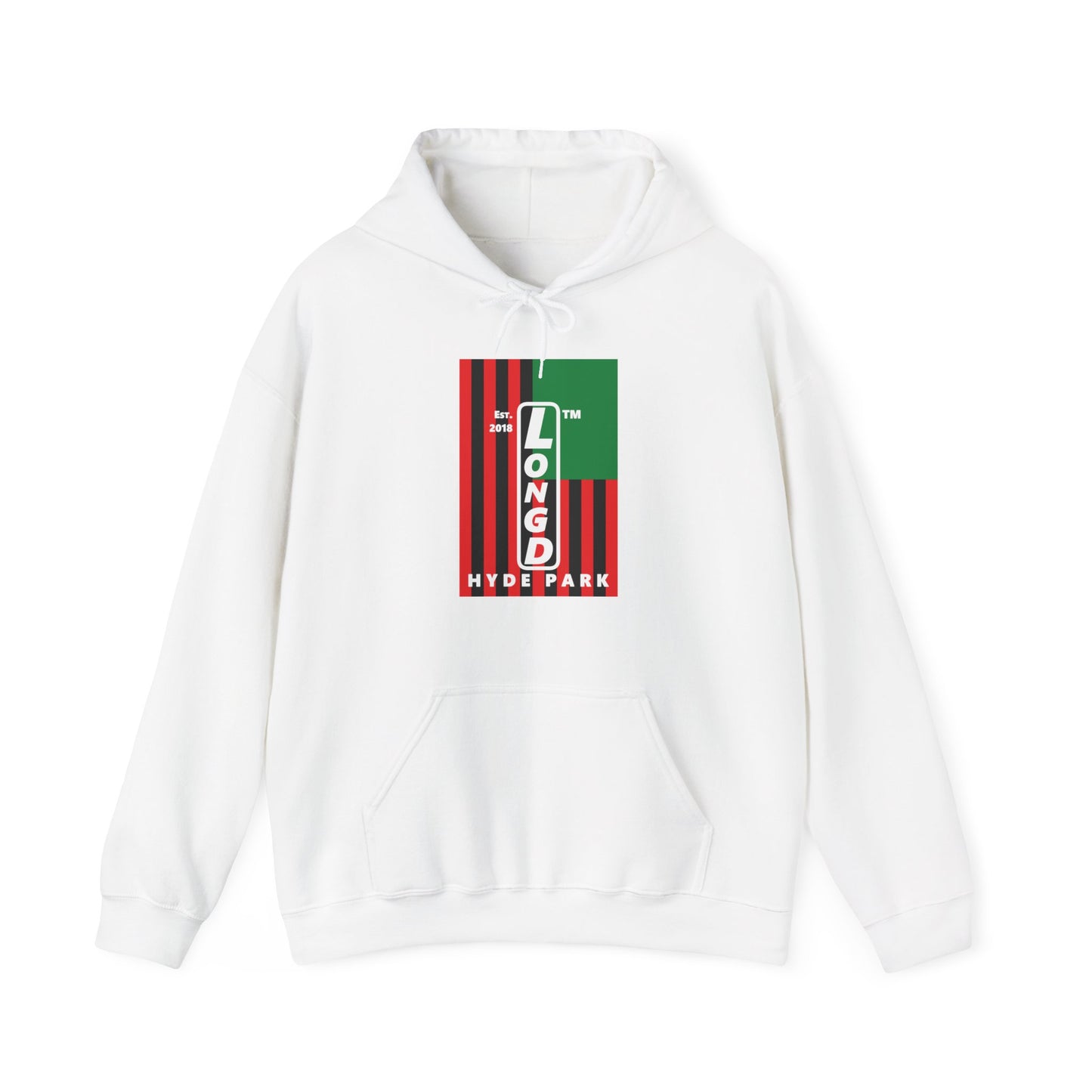 LongD® negative cropped flag upright Hyde Park logo hoodie (Juneteenth colors)