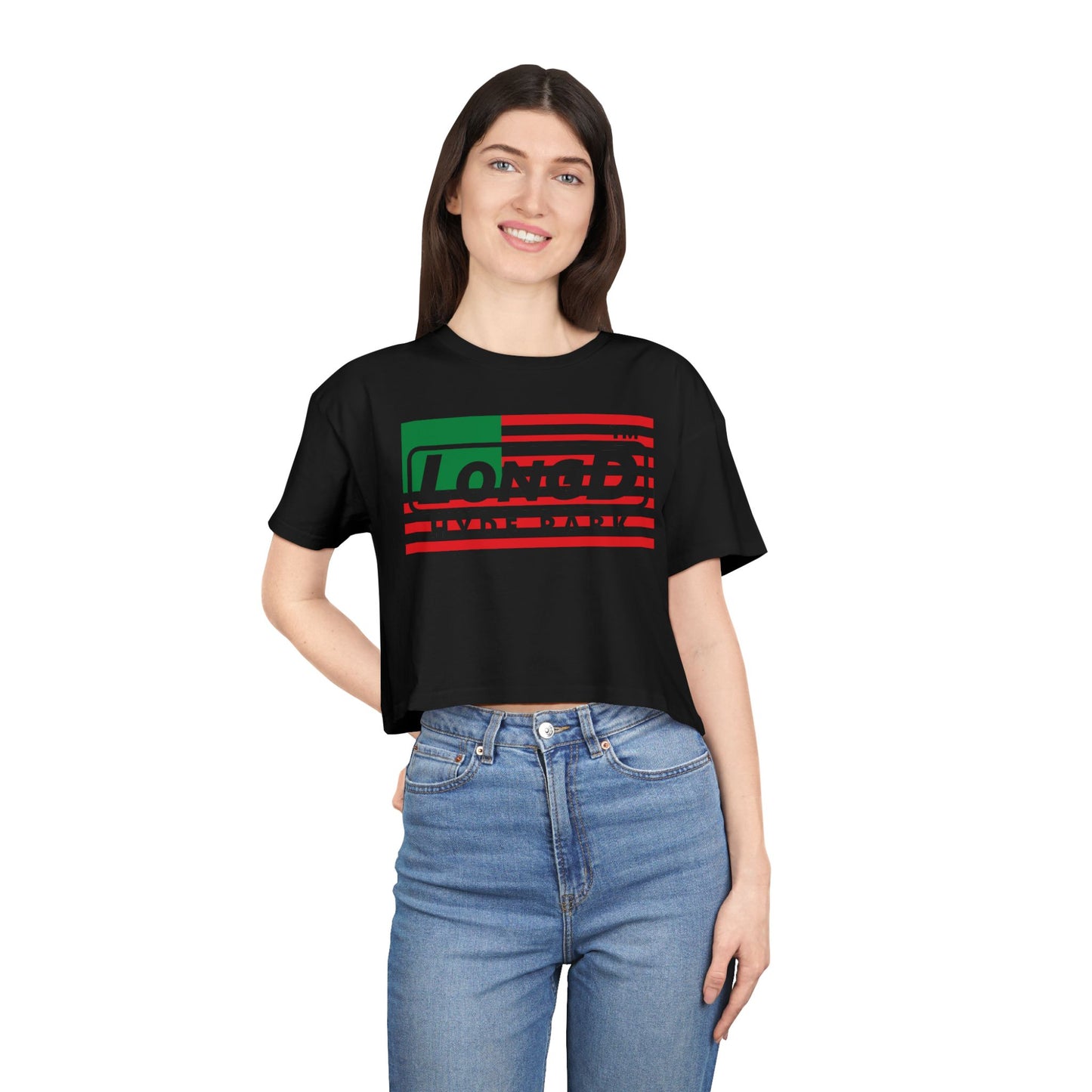 LongD negative flag Hyde Park logo crop tee (Juneteenth colors)