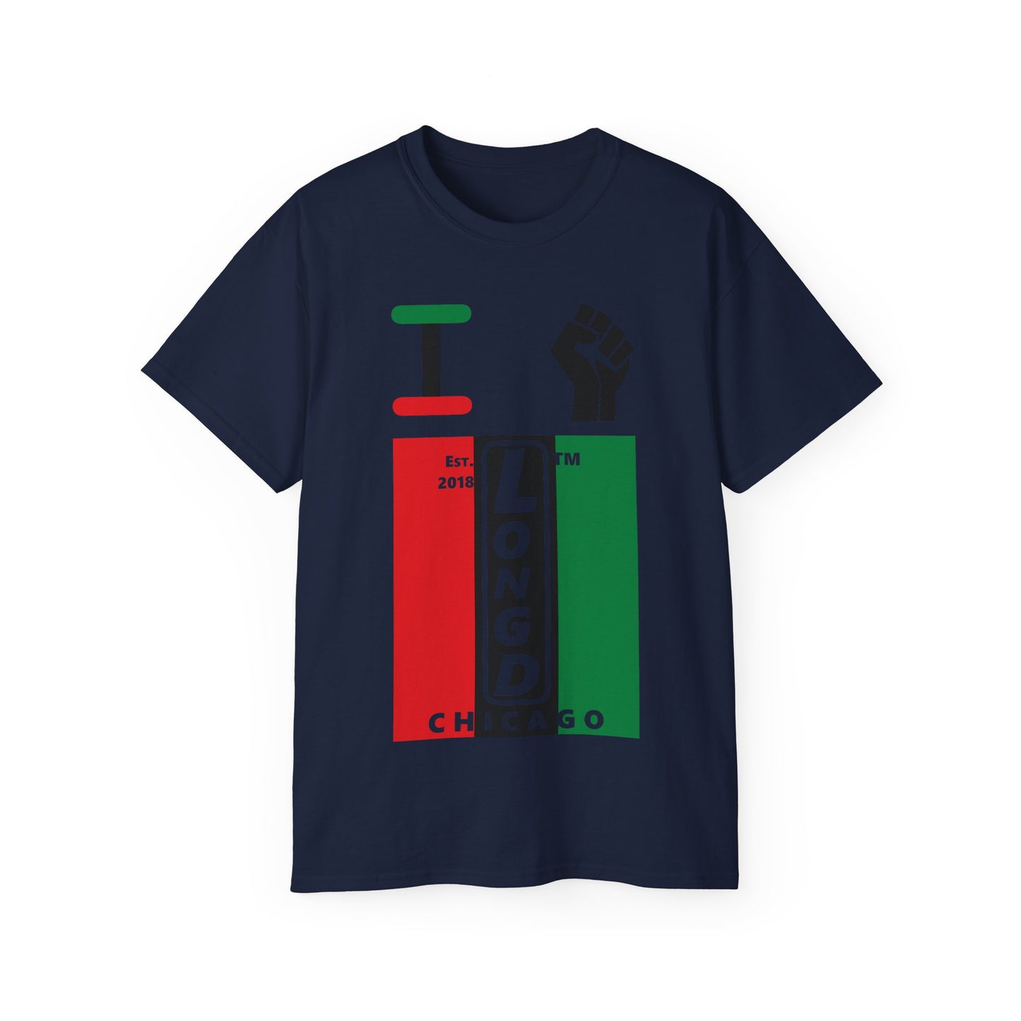 I fist LongD Cotton Tee negative vertical striped Chicago upright logo (Juneteenth colors)