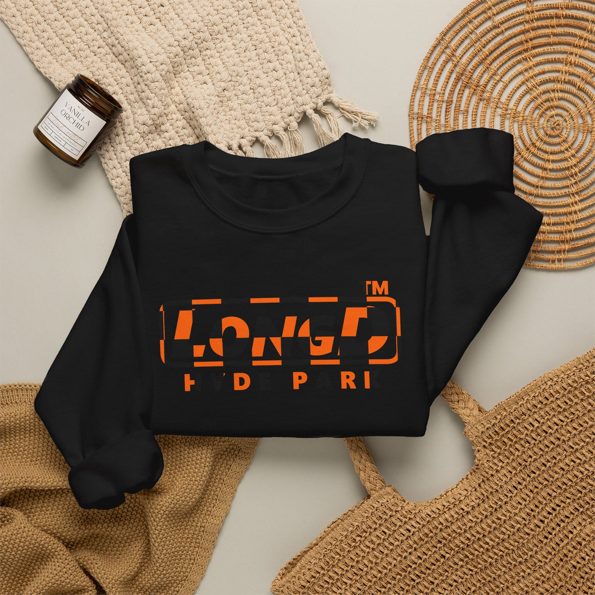 LongD Hyde Park positive checkered logo (Halloween colors) crewneck sweatshirt