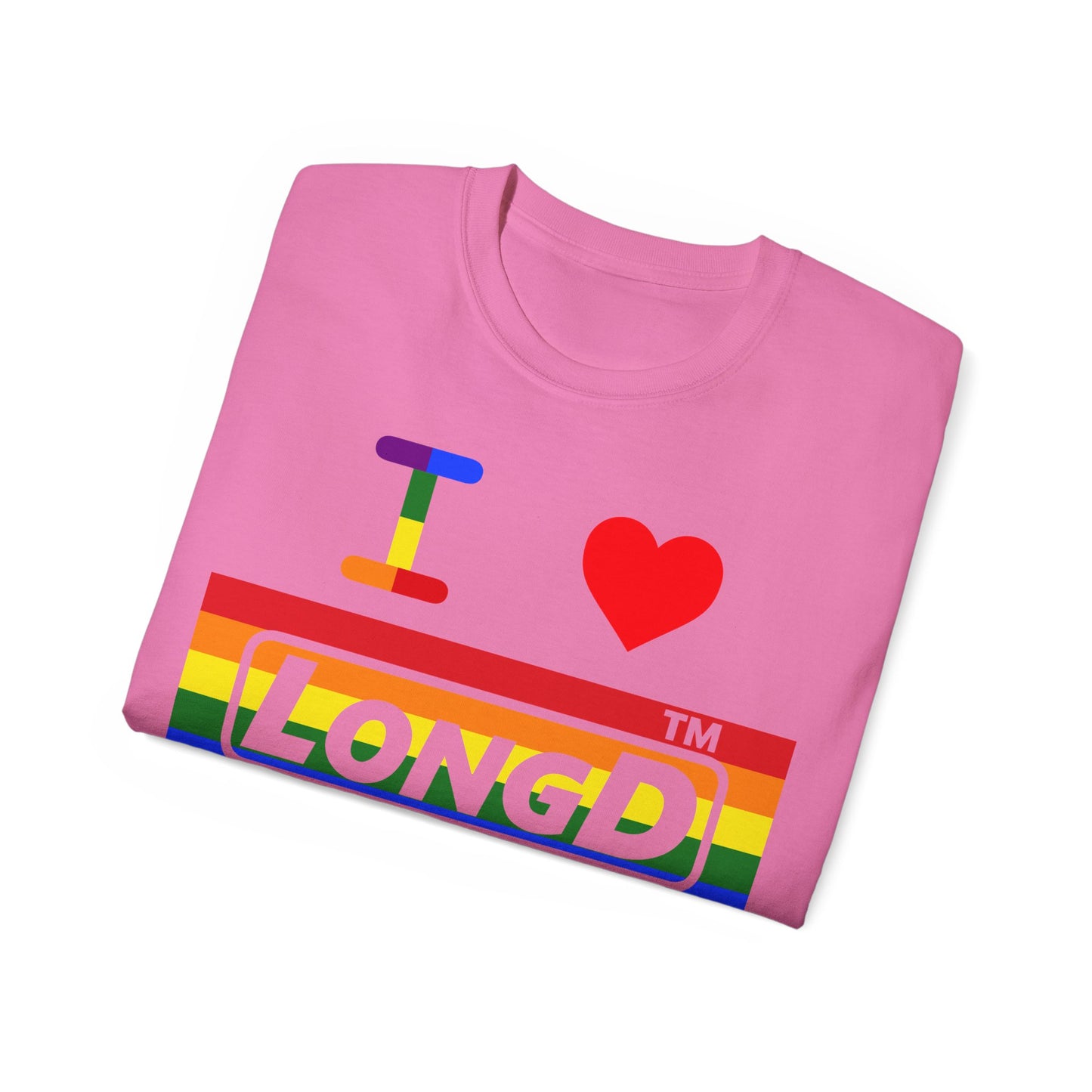 I Luv LongD negative horizontal striped front-back Hyde Park logo cotton tee (Pride colors)
