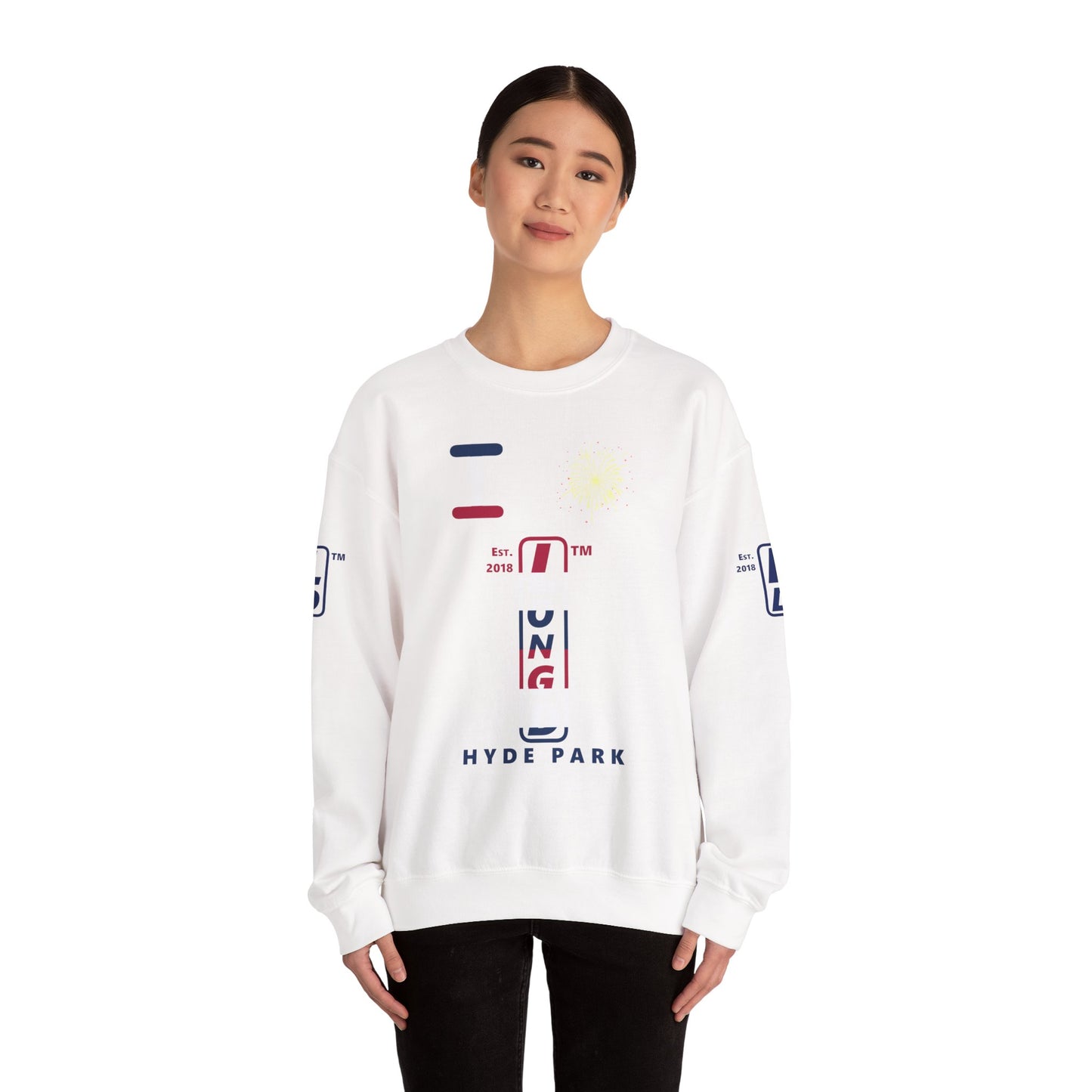 I Burst LongD positive horizontal 6-striped Hyde Park upright 4-print logo crewneck sweatshirt