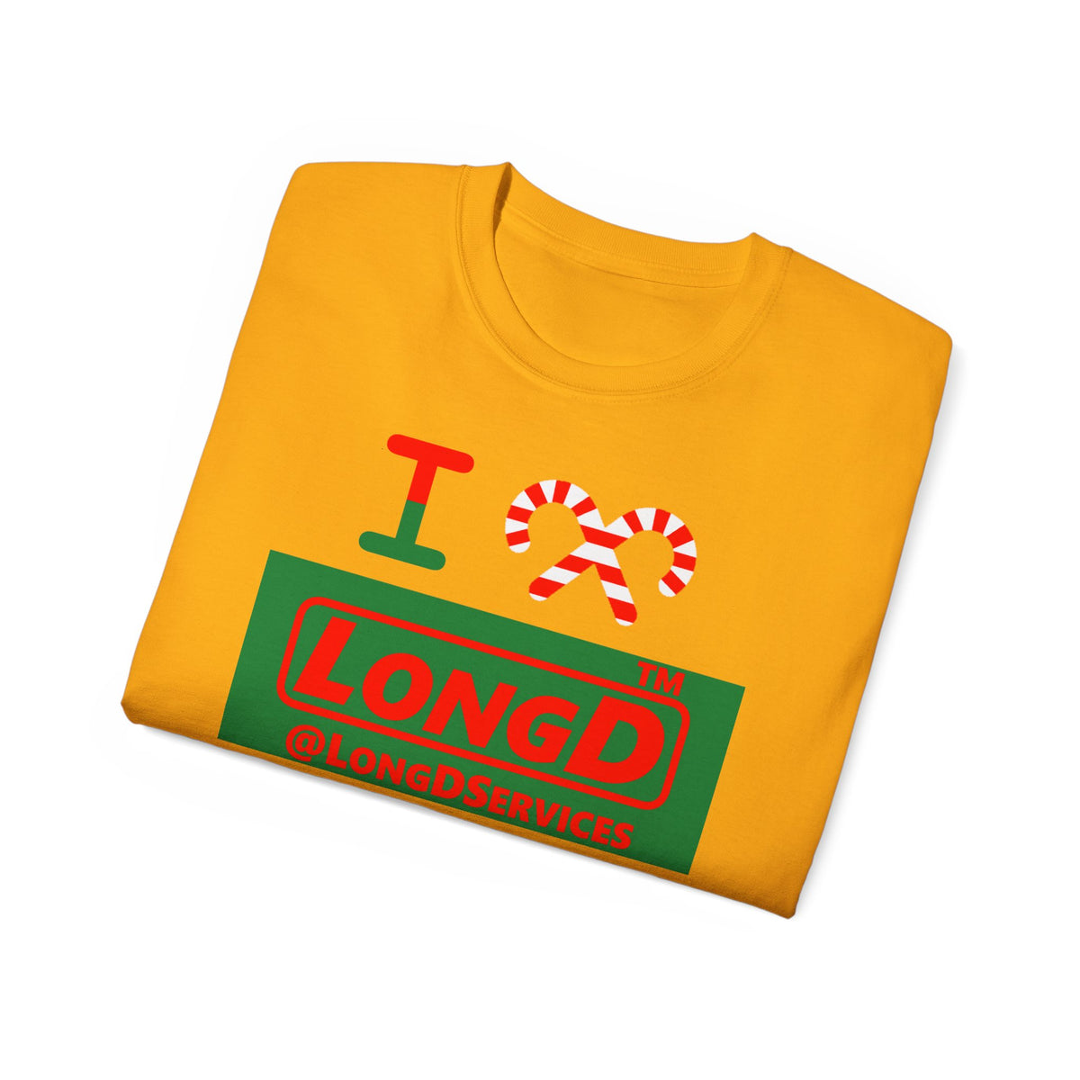 I candy cane LongD Tag logo positive red on negative green cotton tee
