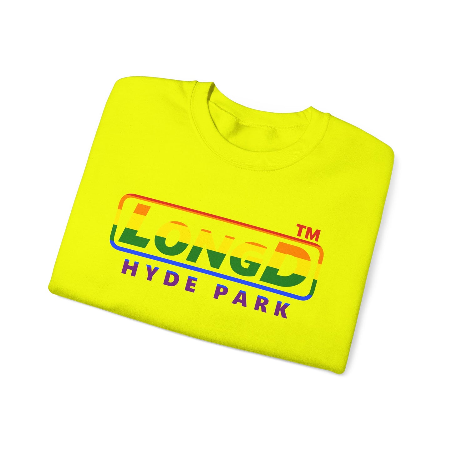 LongD positive horizontal striped front-back Hyde Park logo crewneck sweatshirt (Pride colors)