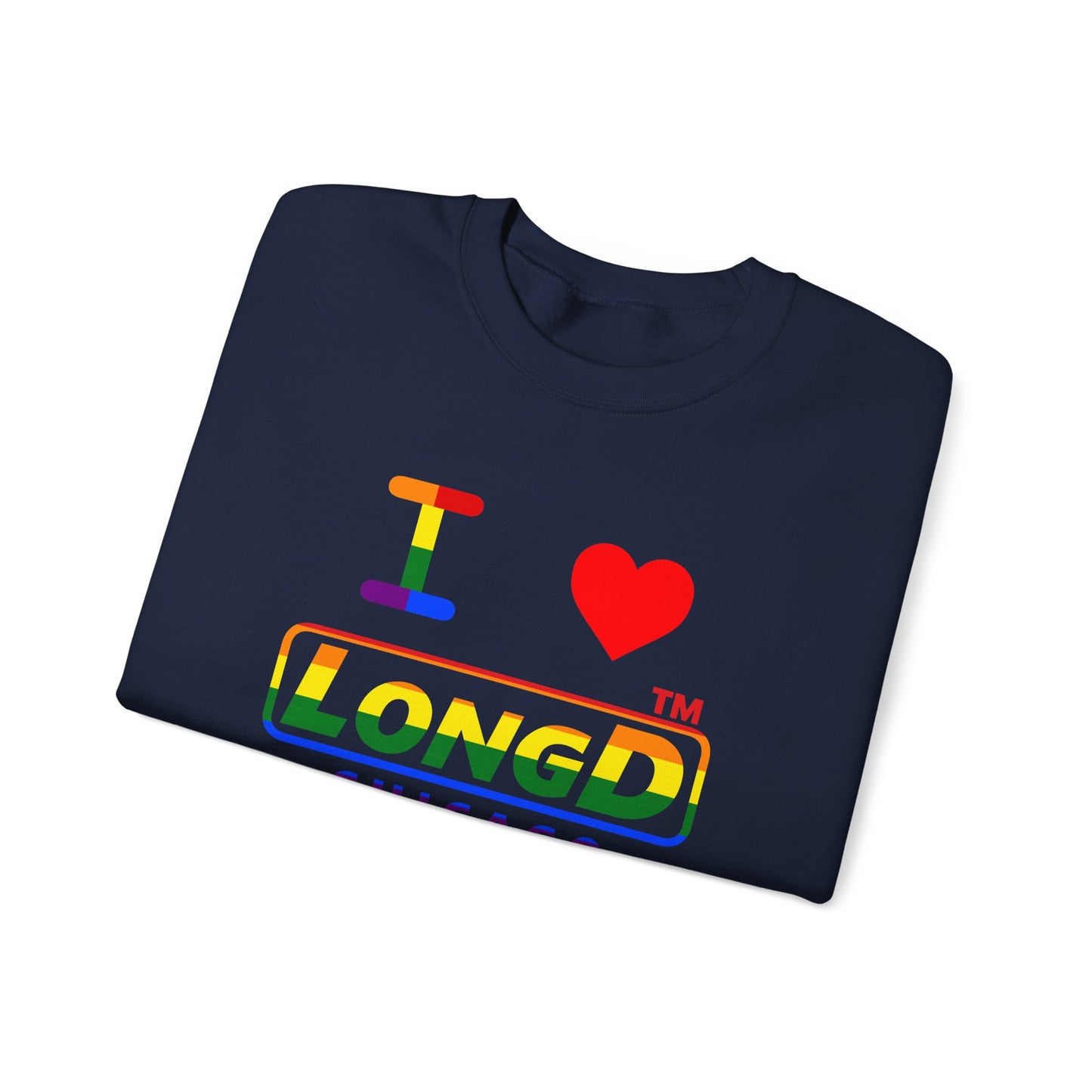 I Luv LongD positive horizontal striped front-back Chicago logo crewneck sweatshirt (Pride colors)
