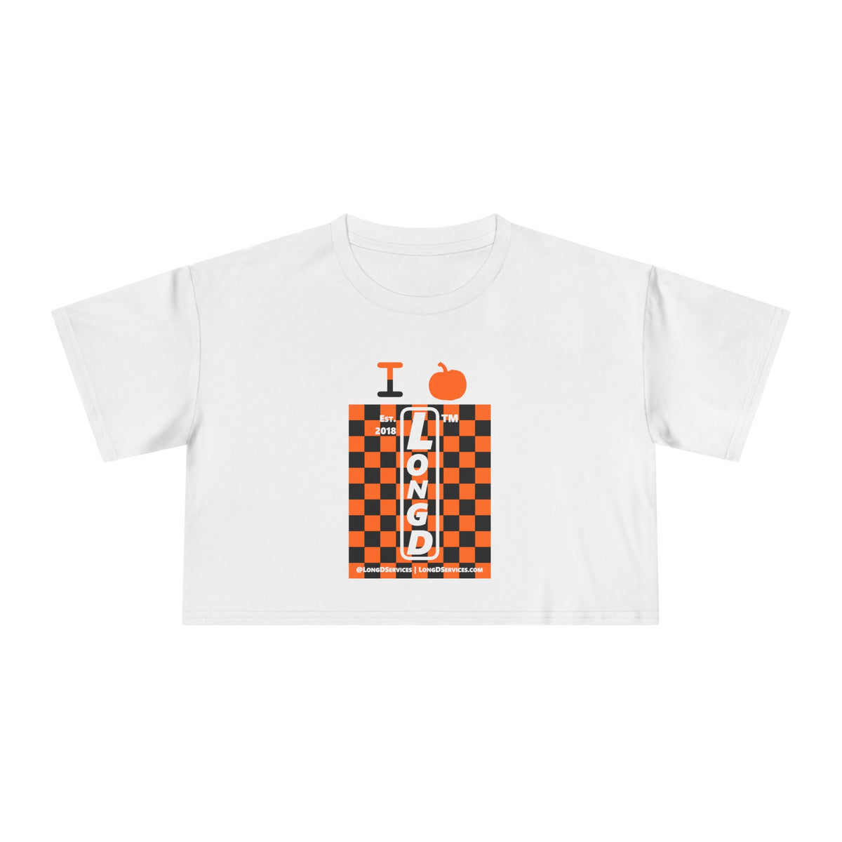 I pumpkin LongD Tag-domain negative upright checkered logo crop tee