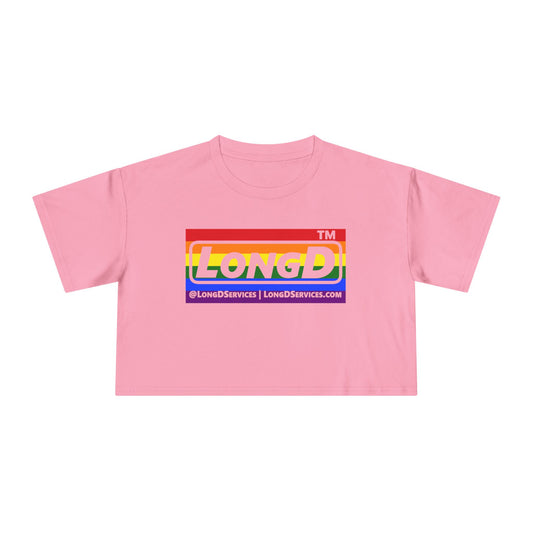 LongD negative horizontal 6-striped tag-domain logo crop tee (Pride colors)