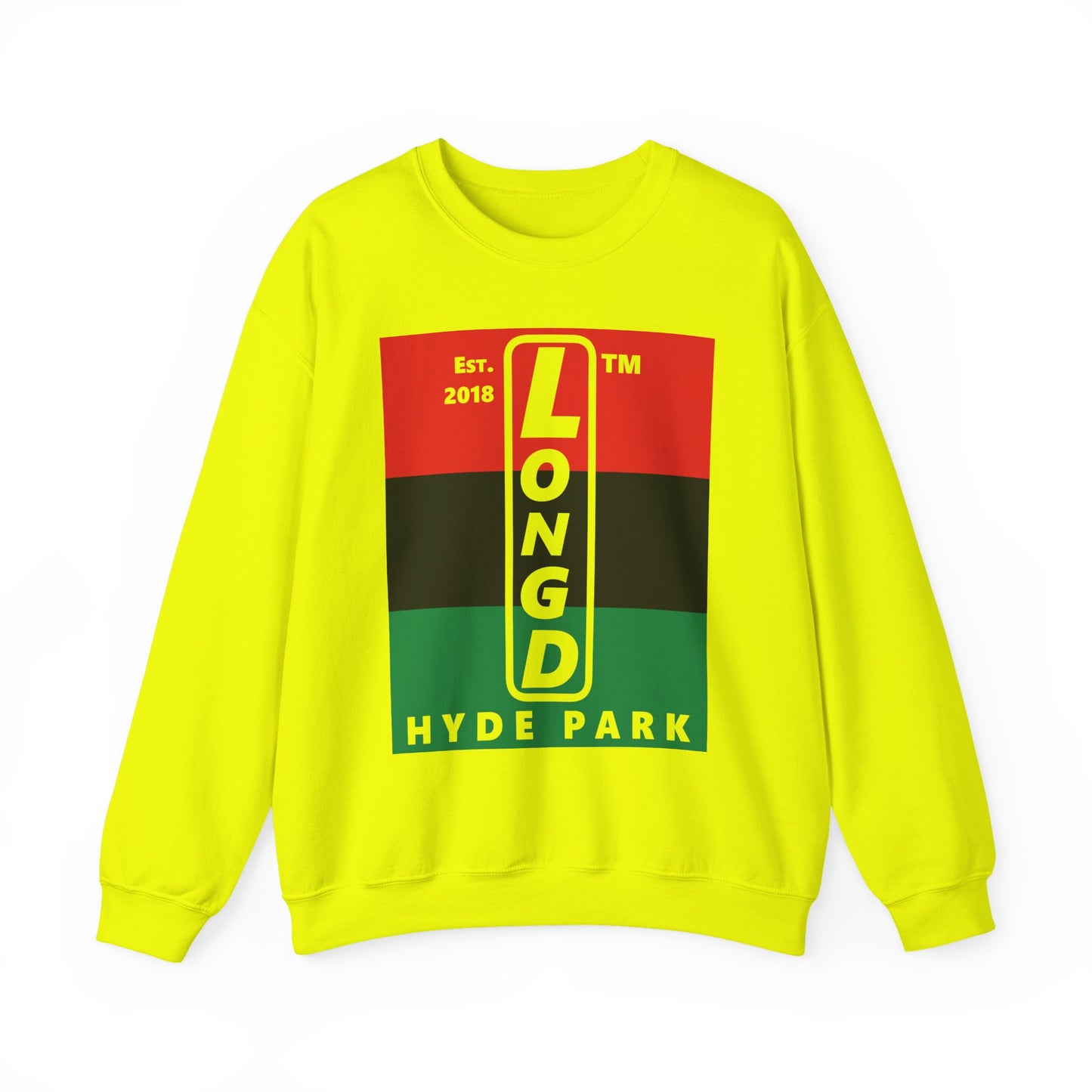 LongD negative horizontal 3-striped Hyde Park upright logo crewneck sweatshirt (Juneteenth colors)