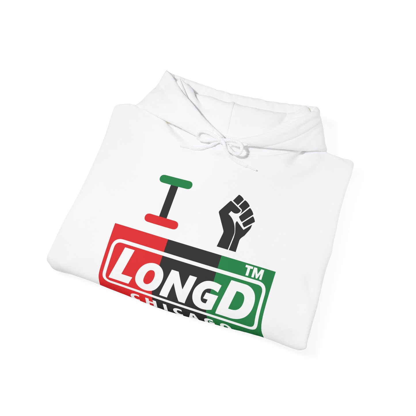 I fist LongD® negative vertical 3-striped Chicago logo Hoodie (Juneteenth colors)
