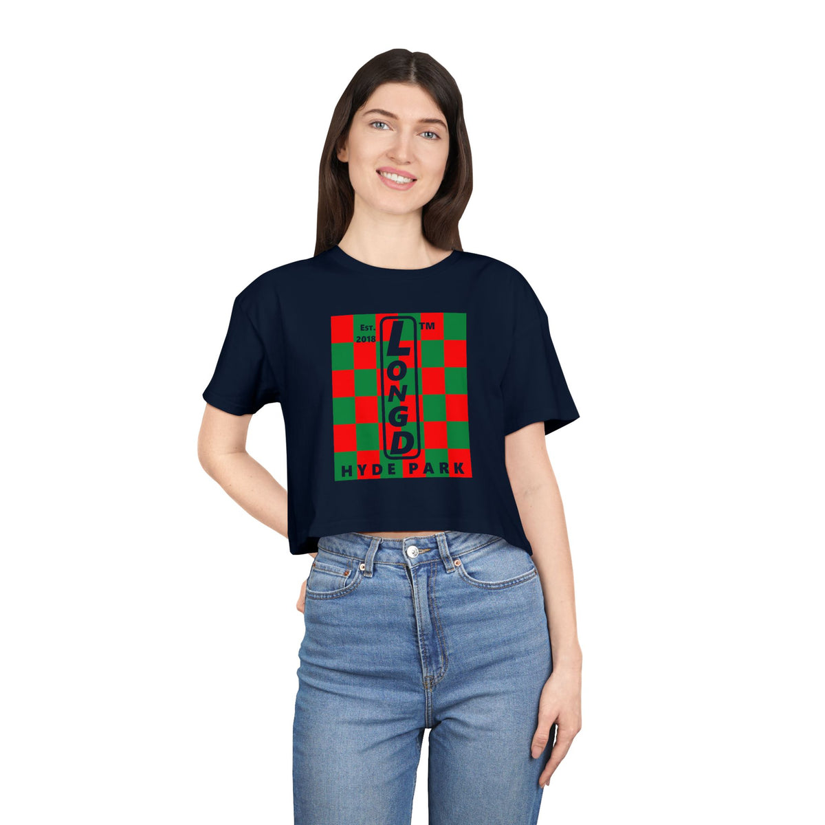 LongD Hyde Park negative upright checkered logo (Xmas colors) crop tee