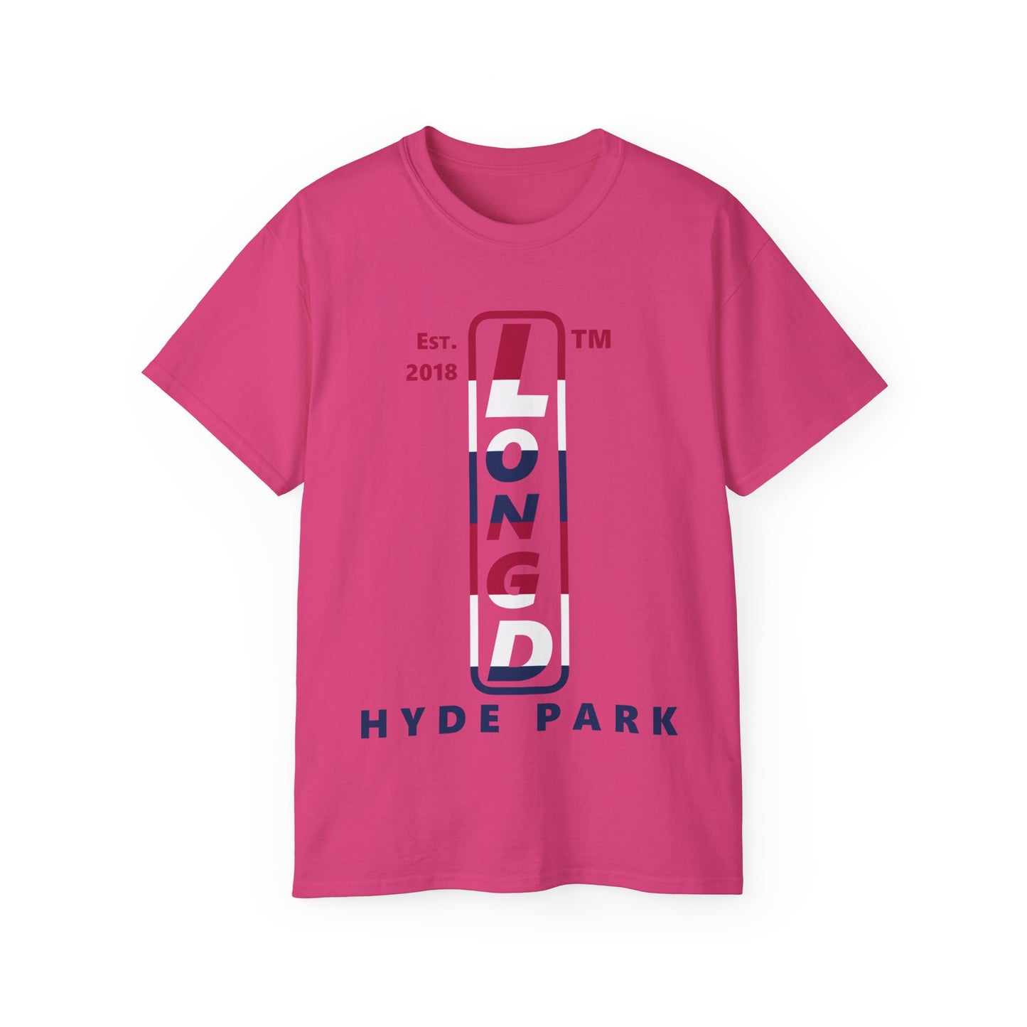 LongD cotton tee positive horizontal 6-striped Hyde Park upright logo (Patriotic colors)