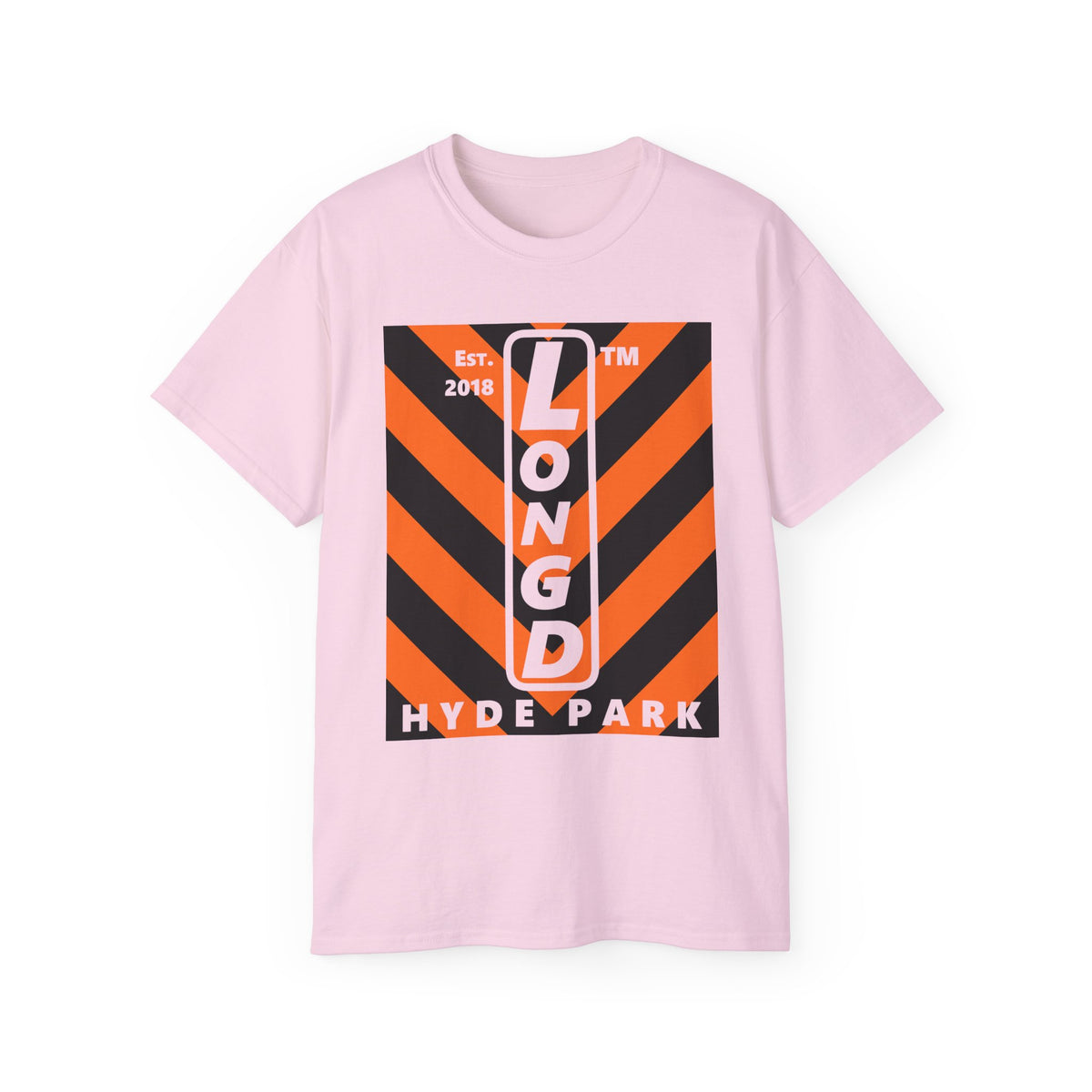 LongD Hyde Park negative upright downward chevron logo (Halloween colors) cotton tee
