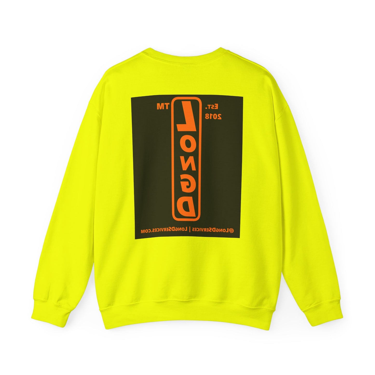 LongD Tag-domain upright front-back logo orange (FE7518) on Black (000000) crewneck sweatshirt