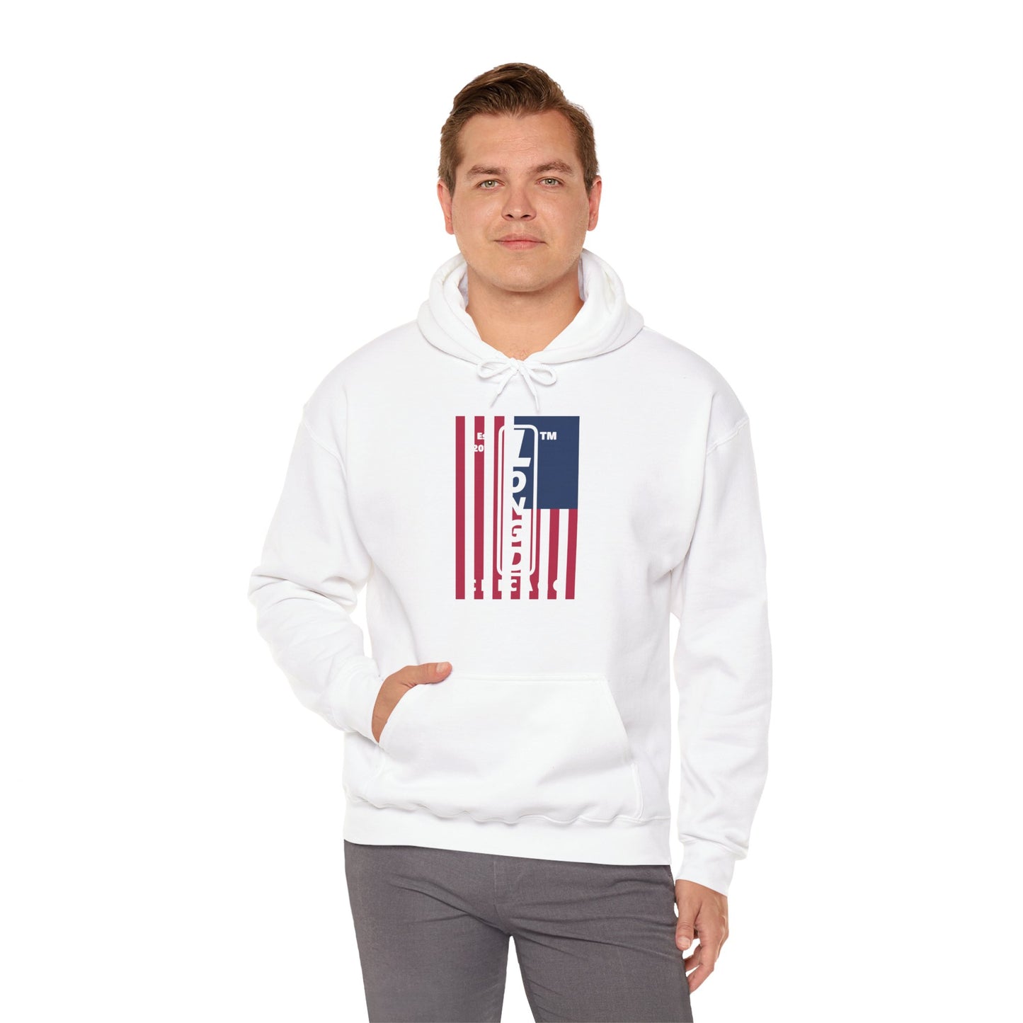 LongD® negative cropped flag upright Chicago logo hoodie