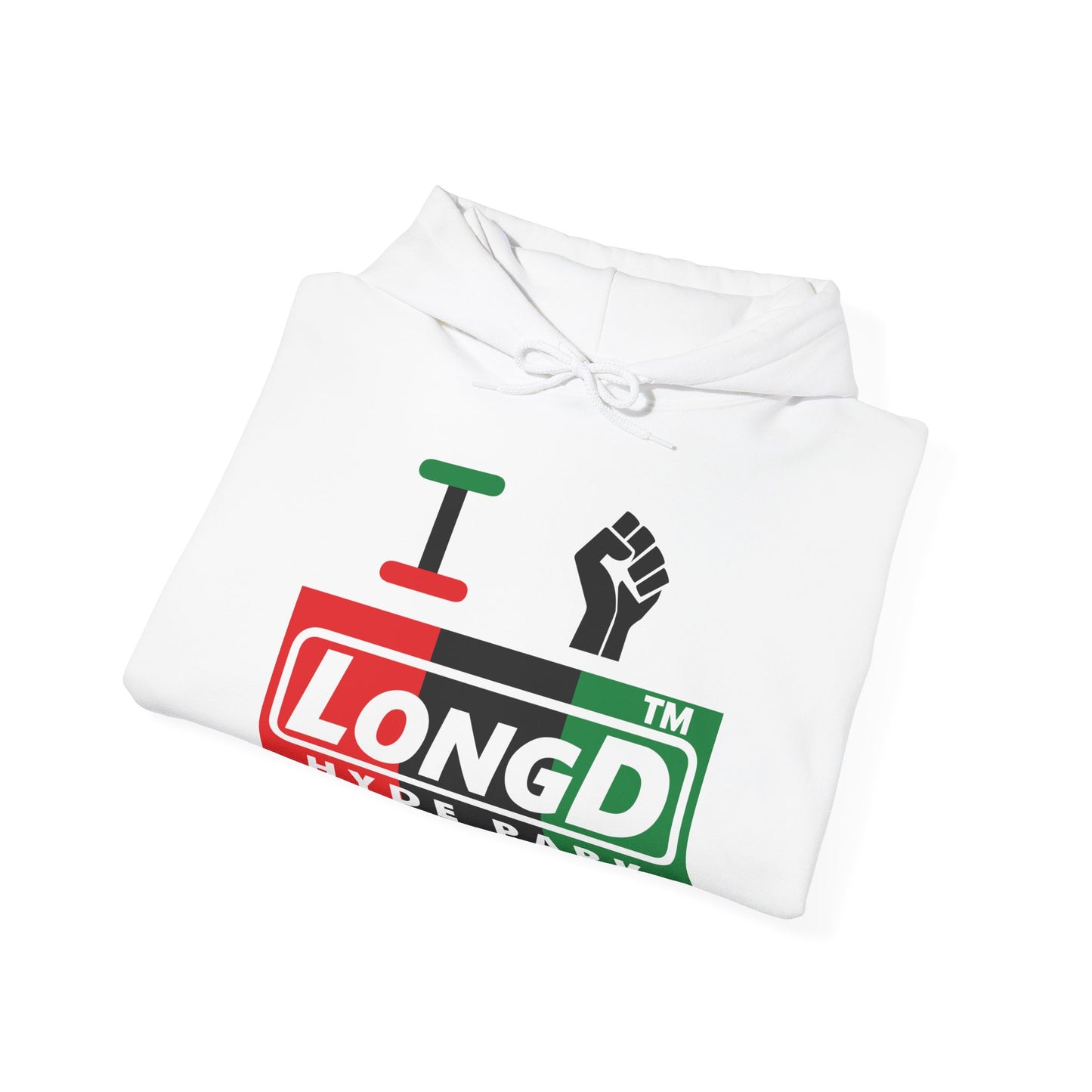 I fist LongD® negative vertical 3-striped Hyde Park logo Hoodie (Juneteenth colors)