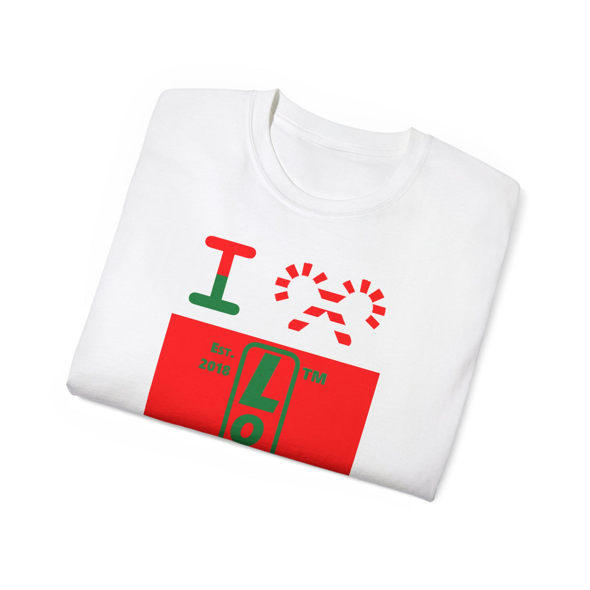 I candy cane LongD Chicago upright logo positive green on negative red cotton tee