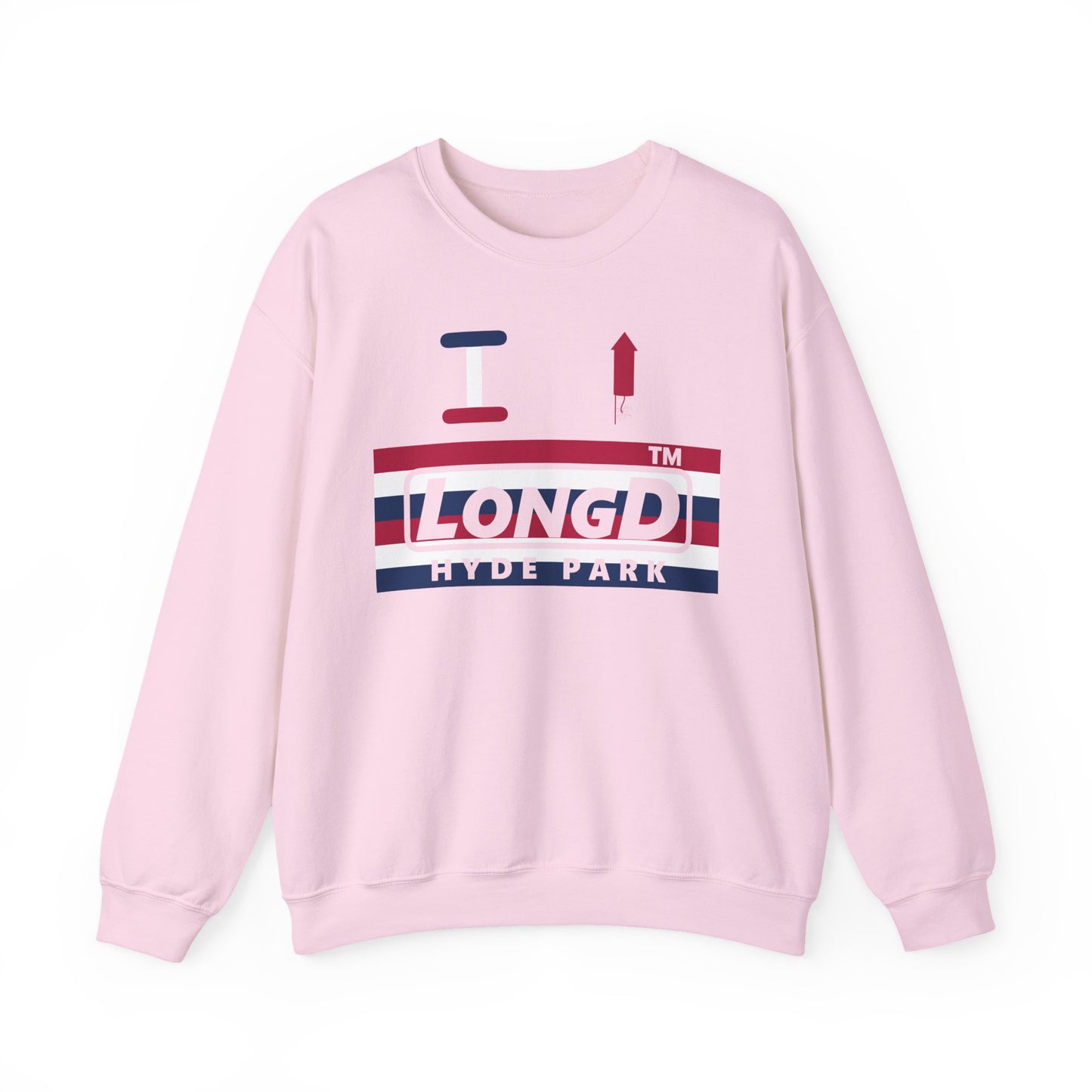 I firecracker LongD negative horizontal 6-striped Hyde Park logo crewneck sweatshirt