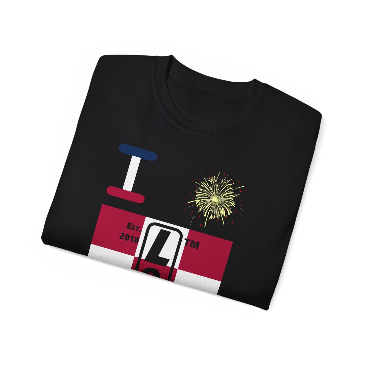 I Burst LongD cotton tee negative 4x3 Chicago upright logo (Patriotic colors)