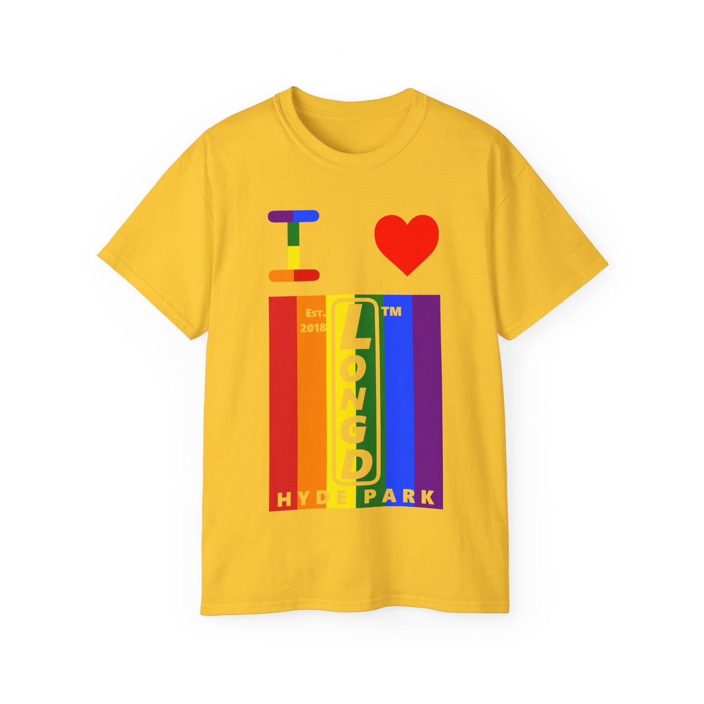 I Luv LongD Cotton Tee negative vertical striped Hyde Park upright logo (Pride colors)