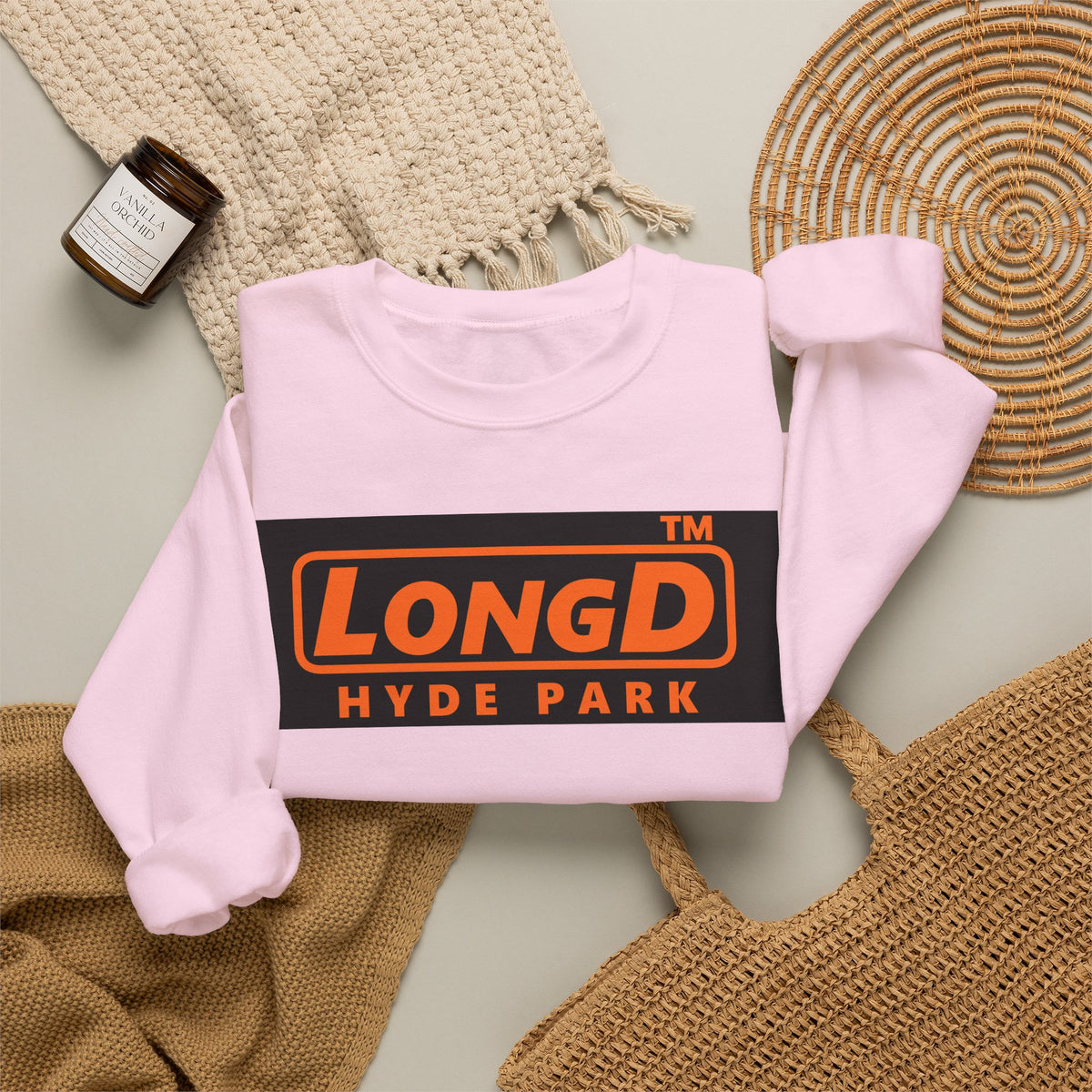 LongD Hyde Park logo orange (FE7518) on Black (000000) (Halloween colors) crewneck sweatshirt