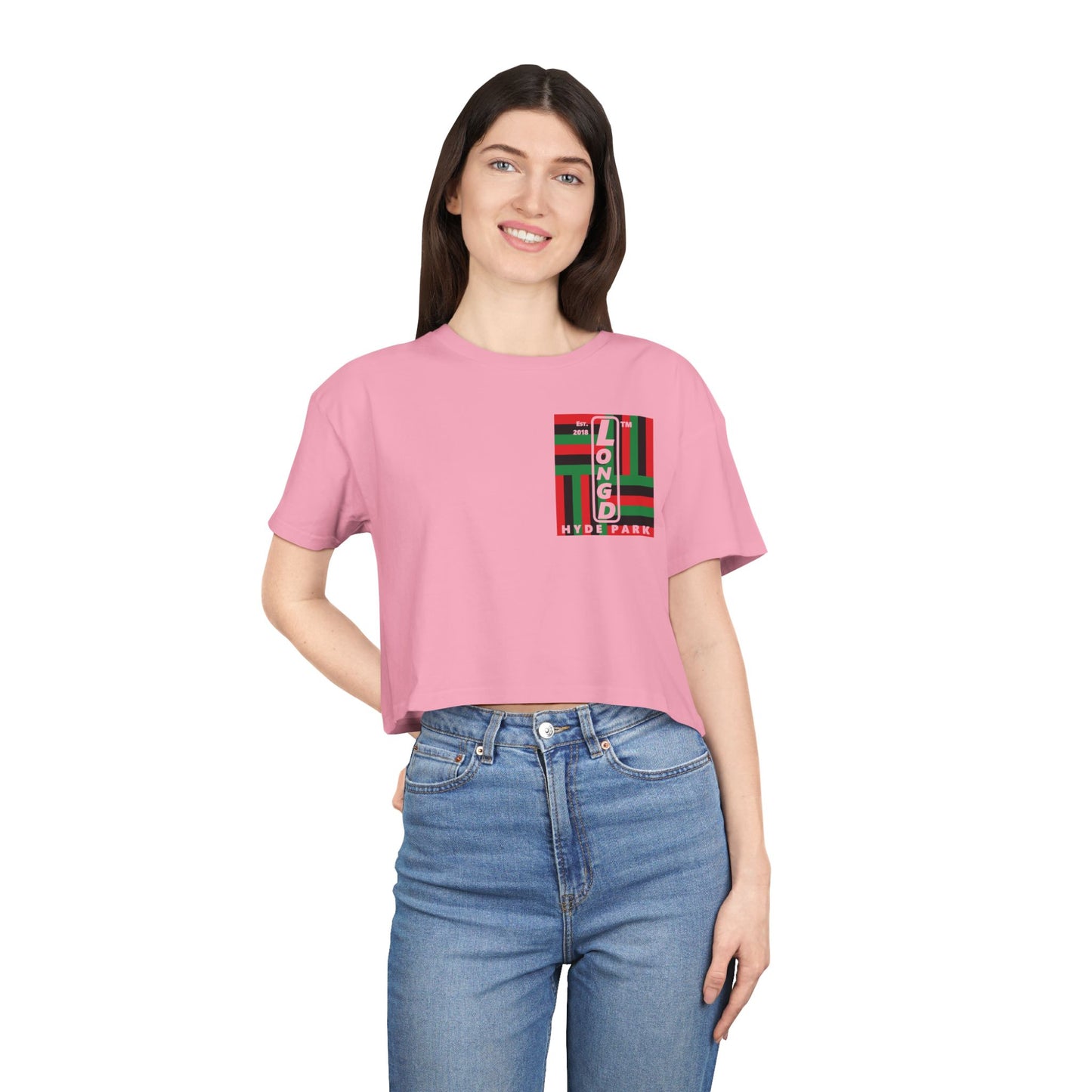 Negative windmill upright single-breasted Hyde Park logo crop tee (Juneteenth colors)