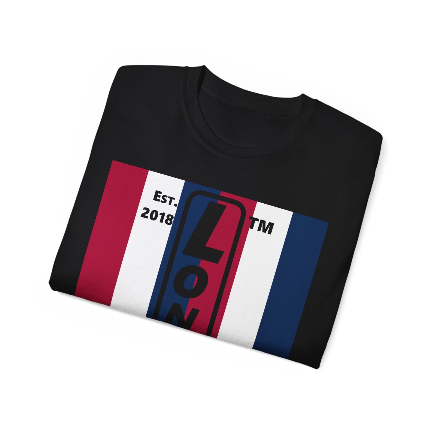 LongD cotton tee negative vertical 6-striped Chicago upright logo (Patriotic colors)