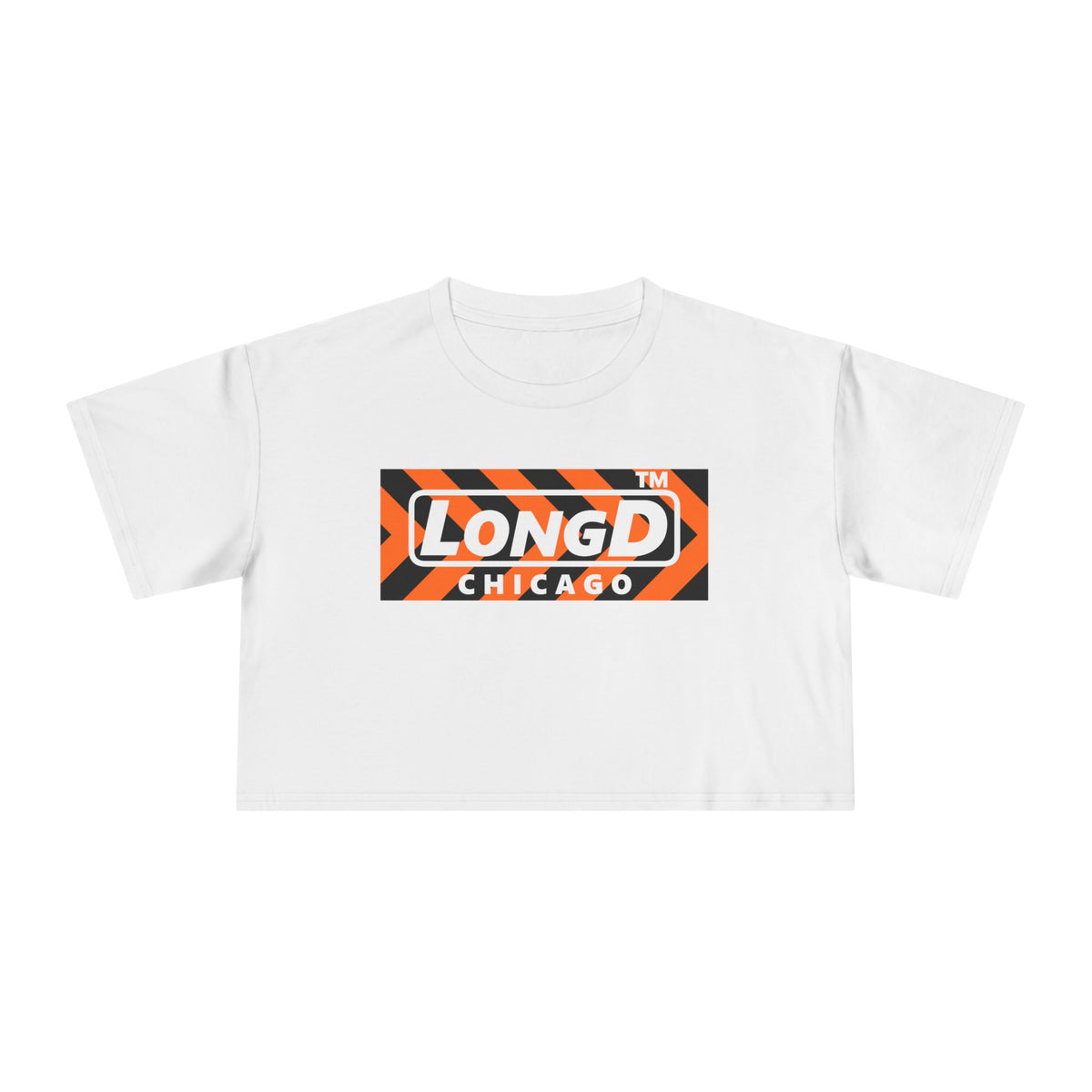 LongD Chicago negative forward chevron logo (Halloween colors) crop tee