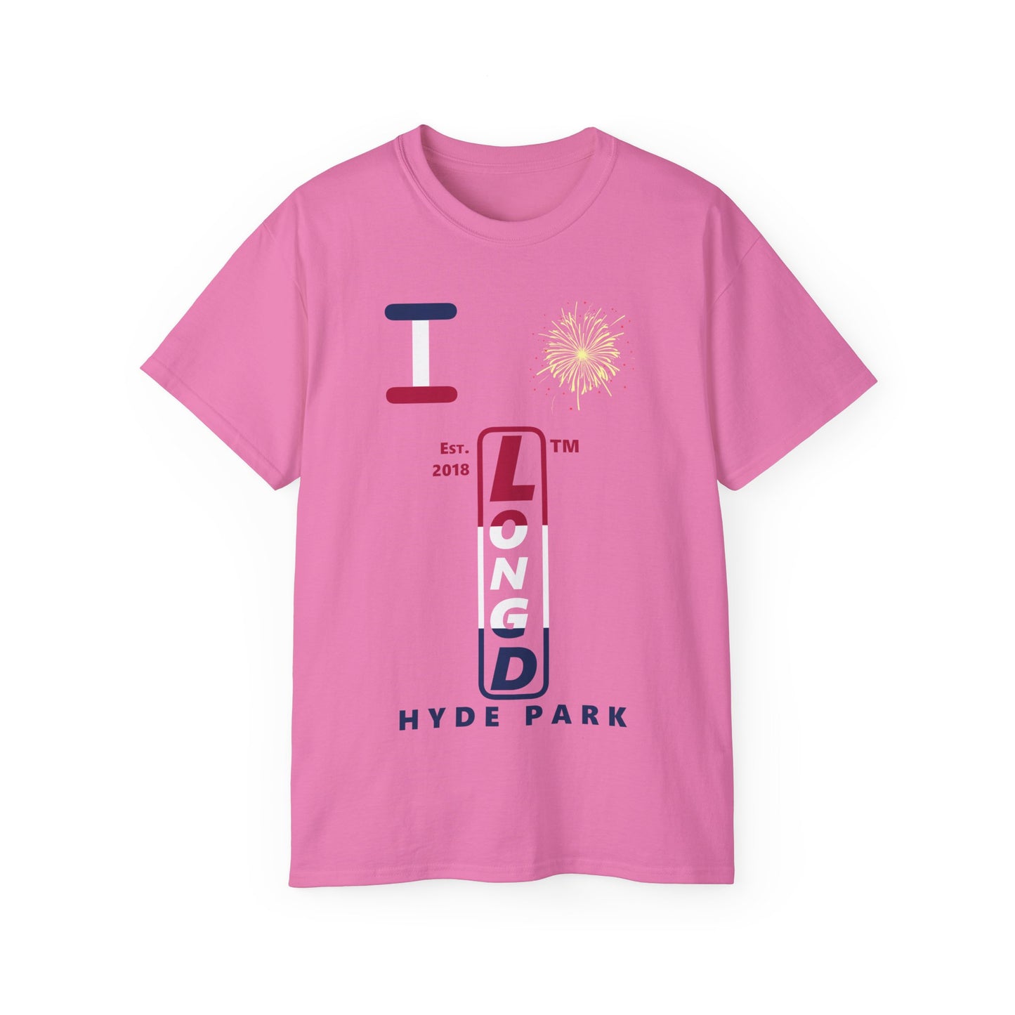 I Burst LongD cotton tee positive horizontal 3-striped Hyde Park upright logo (Patriotic colors)
