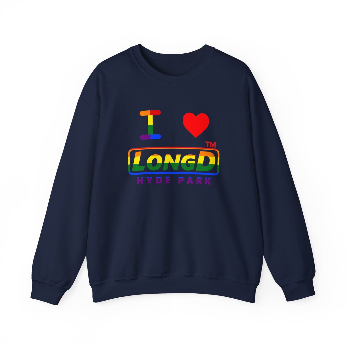 I Luv LongD positive horizontal striped front-back Hyde Park logo crewneck sweatshirt (Pride colors)