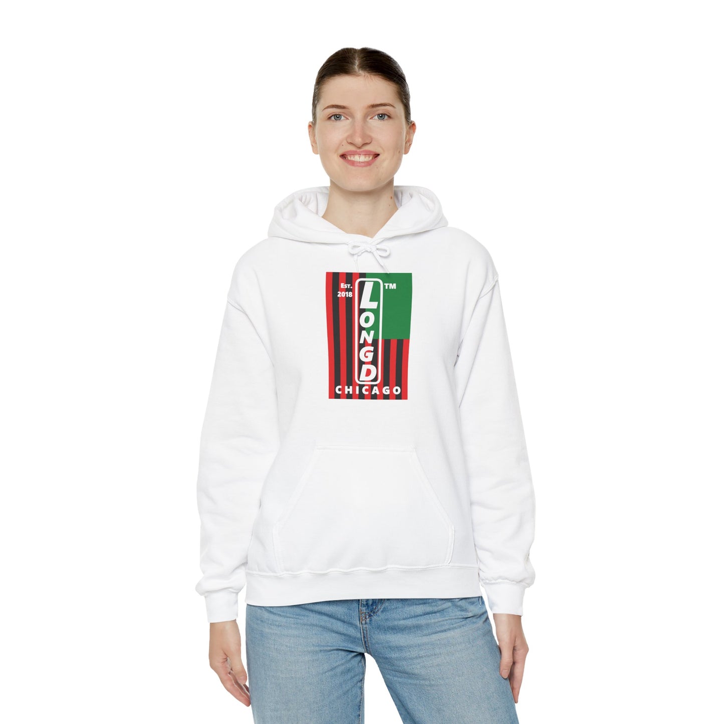 LongD® negative cropped flag upright Chicago logo hoodie (Juneteenth colors)