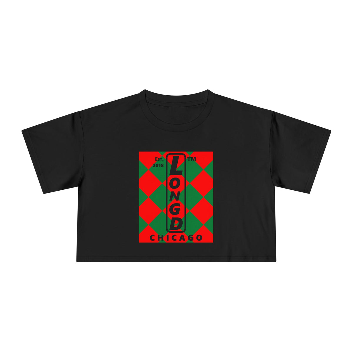 LongD Chicago negative upright argyle logo (Xmas colors) crop tee