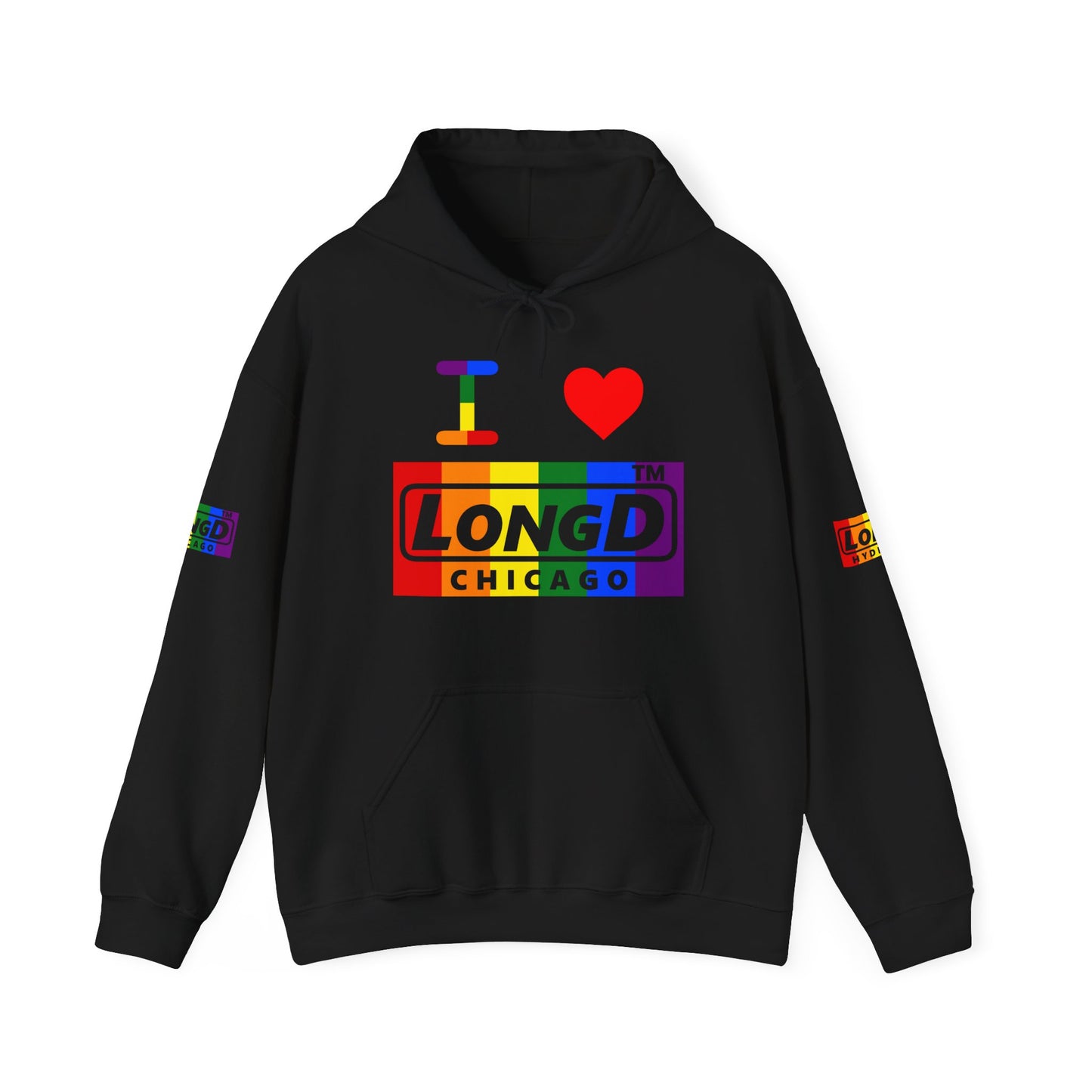 I Luv LongD® negative vertical striped 4-print Chicago logo hoodie (Pride colors)