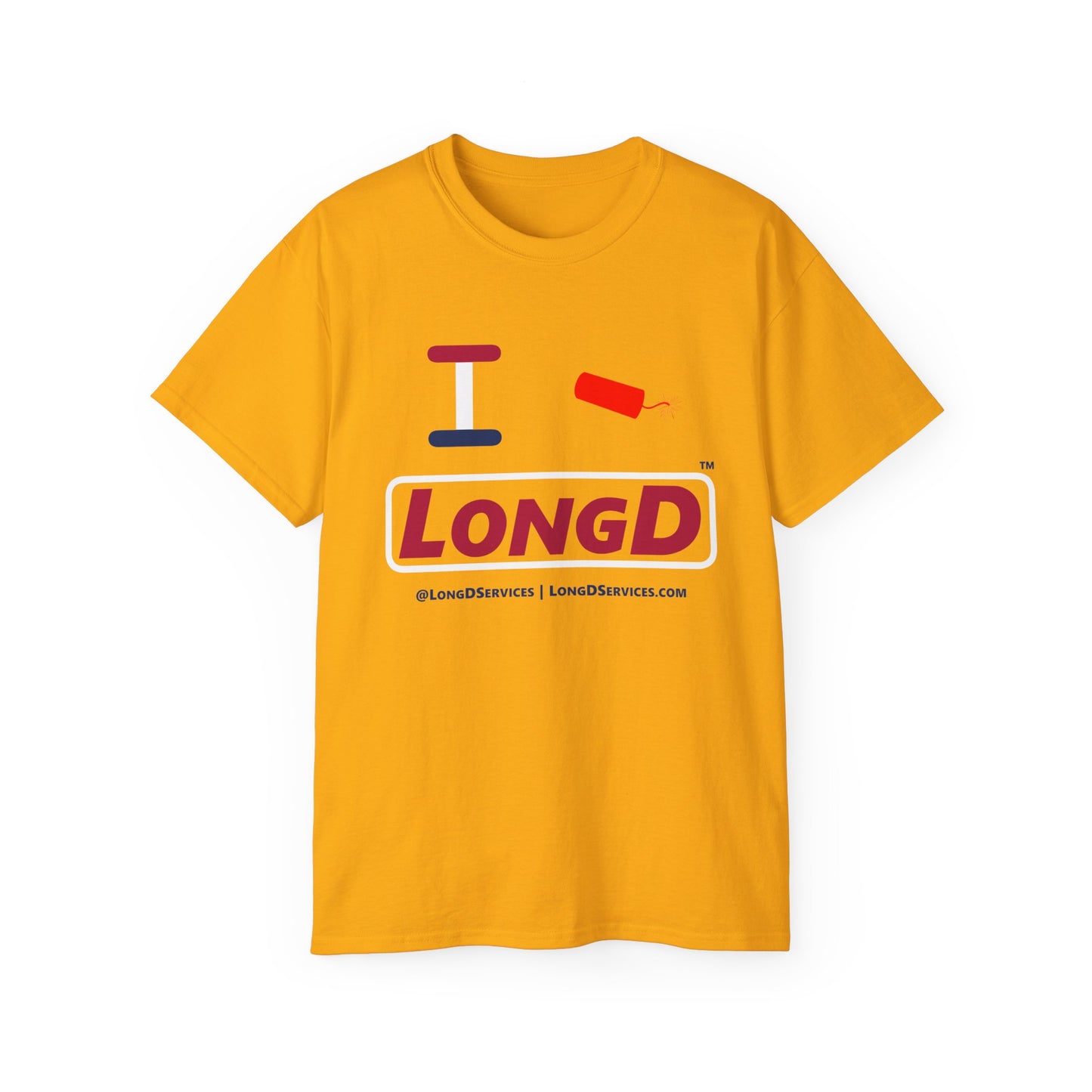 I Firecracker LongD® Logo Cotton Tee Red, White and Blue positive elements text