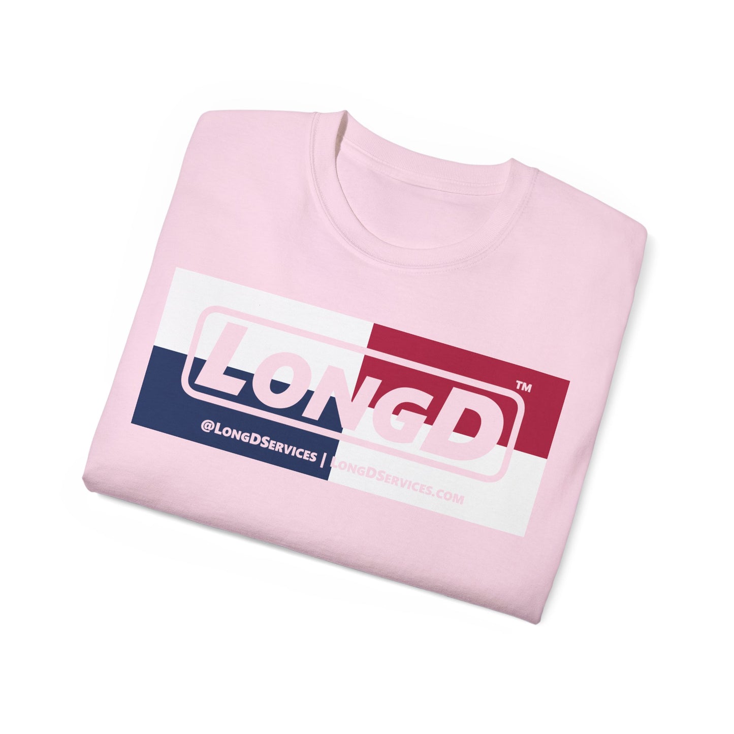 LongD® Logo Cotton Tee Red, White and Blue negative quarters text