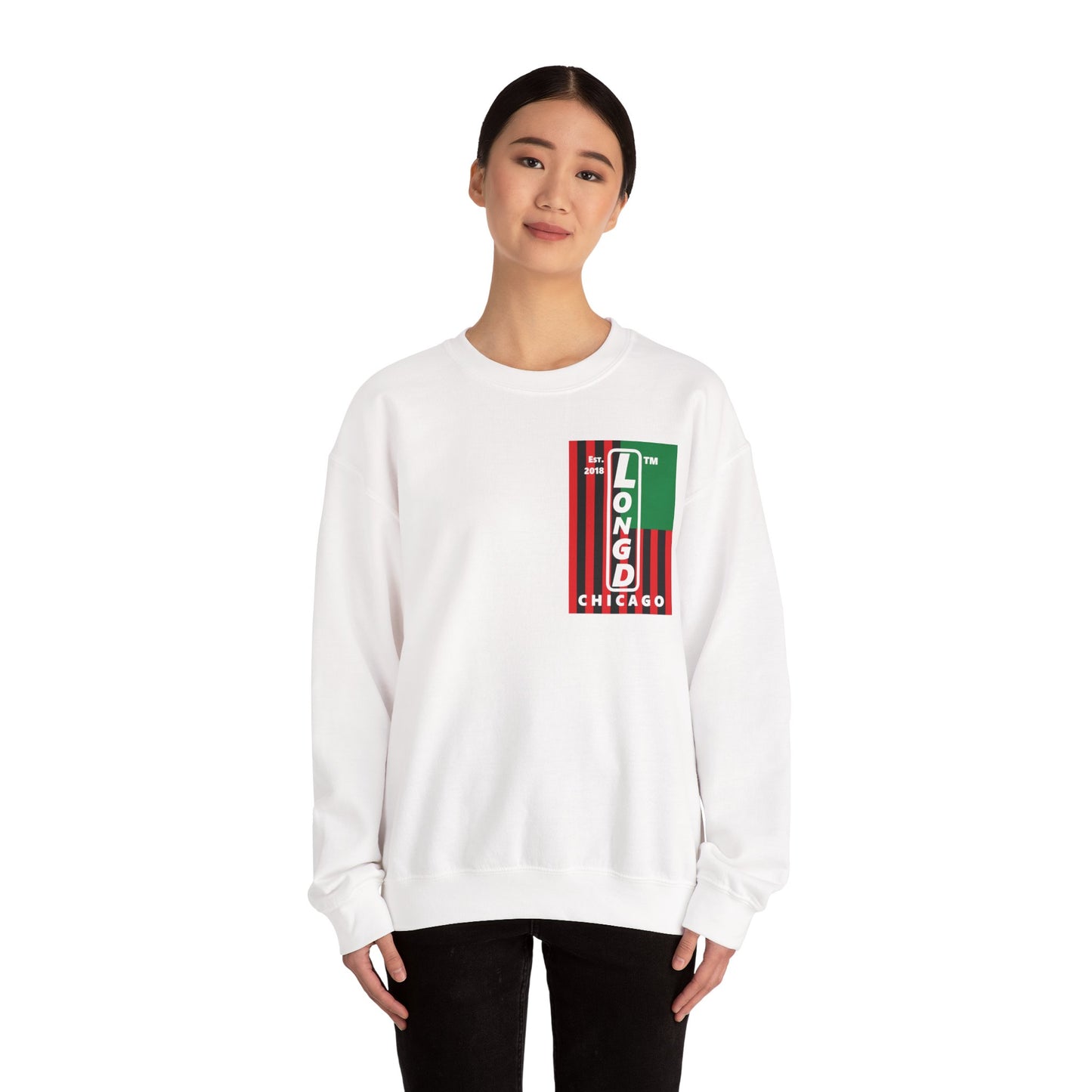 LongD negative cropped flag single-breasted front-back Chicago upright logo crewneck sweatshirt (Juneteenth colors)