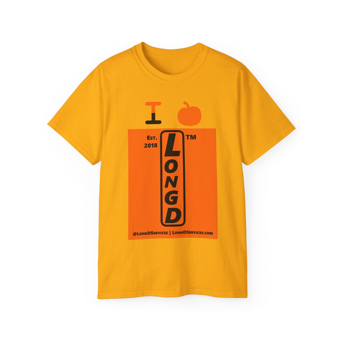 I pumpkin LongD Tag-domain upright logo positive black on negative orange cotton tee