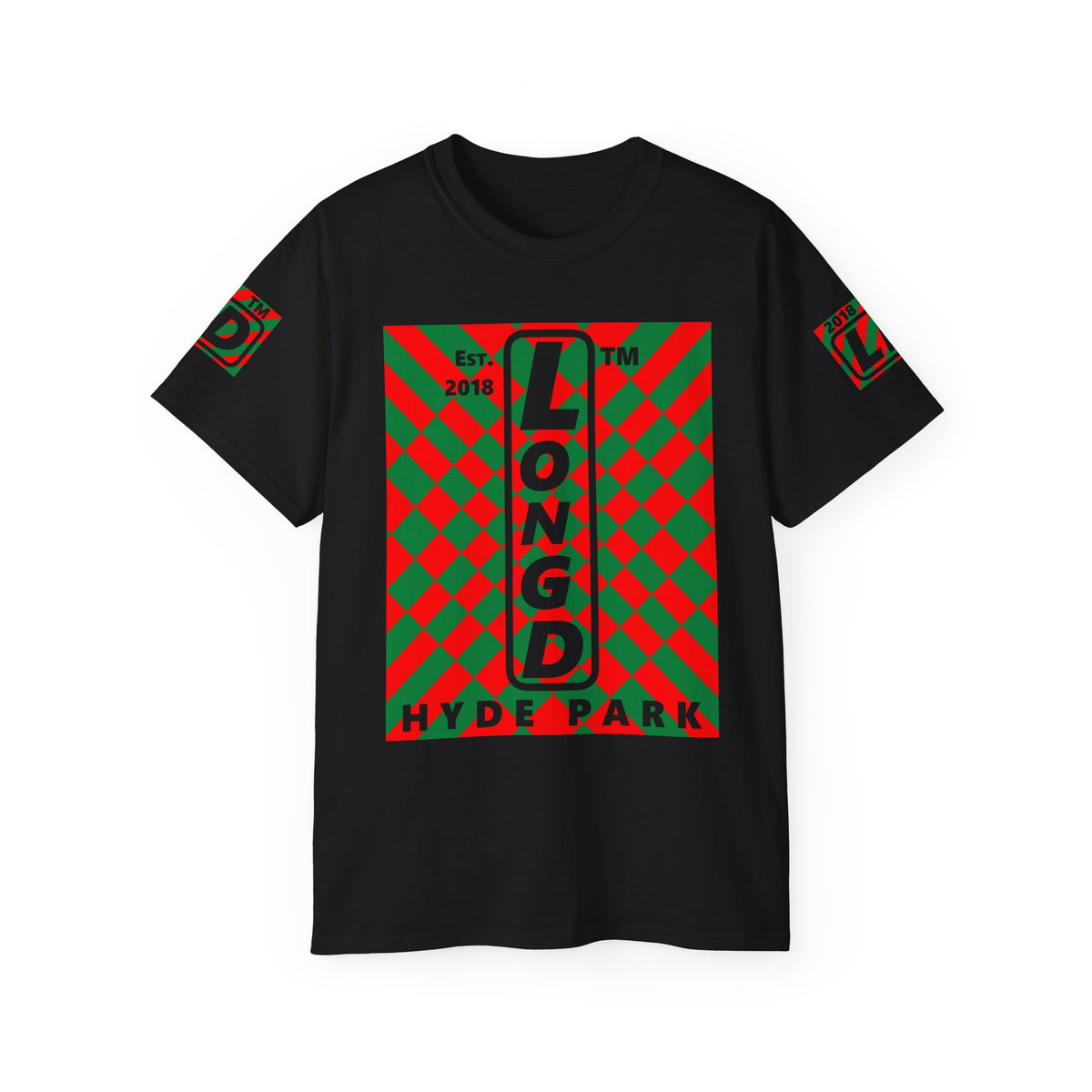 LongD Hyde Park negative upright stylized argyle 4-print logo (Xmas colors) cotton tee