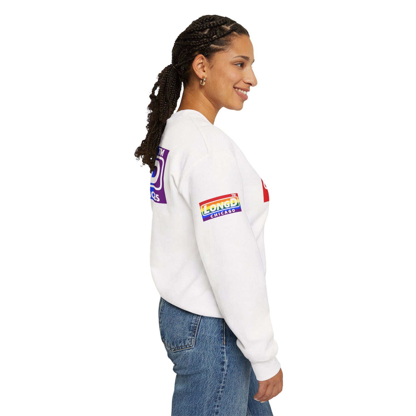 LongD official basic 4-print Hyde Park logo crewneck sweatshirt with Pride heart