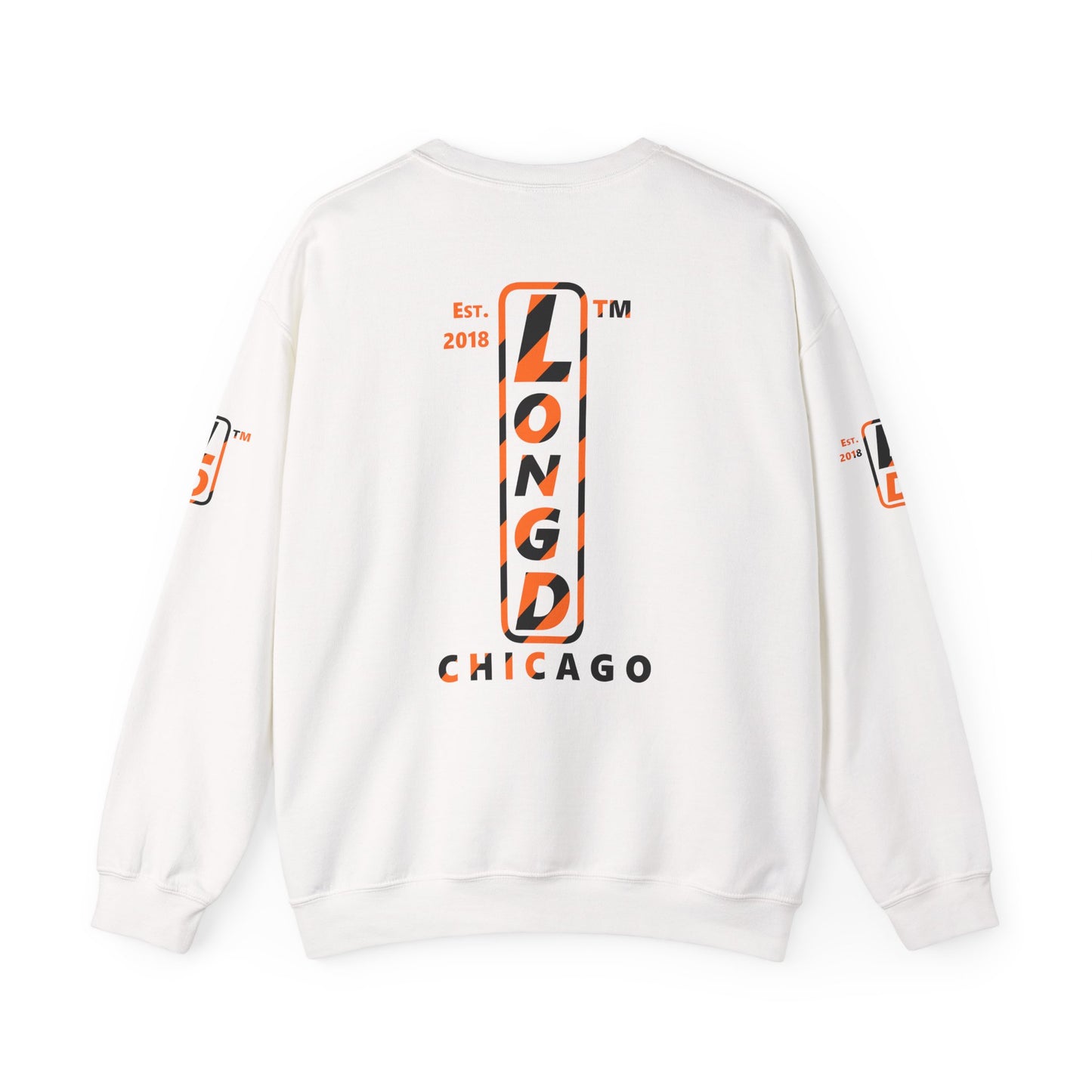 LongD Chicago positive upright pixel-weighted 12-striped 4-print logo (Halloween colors) crewneck sweatshirt