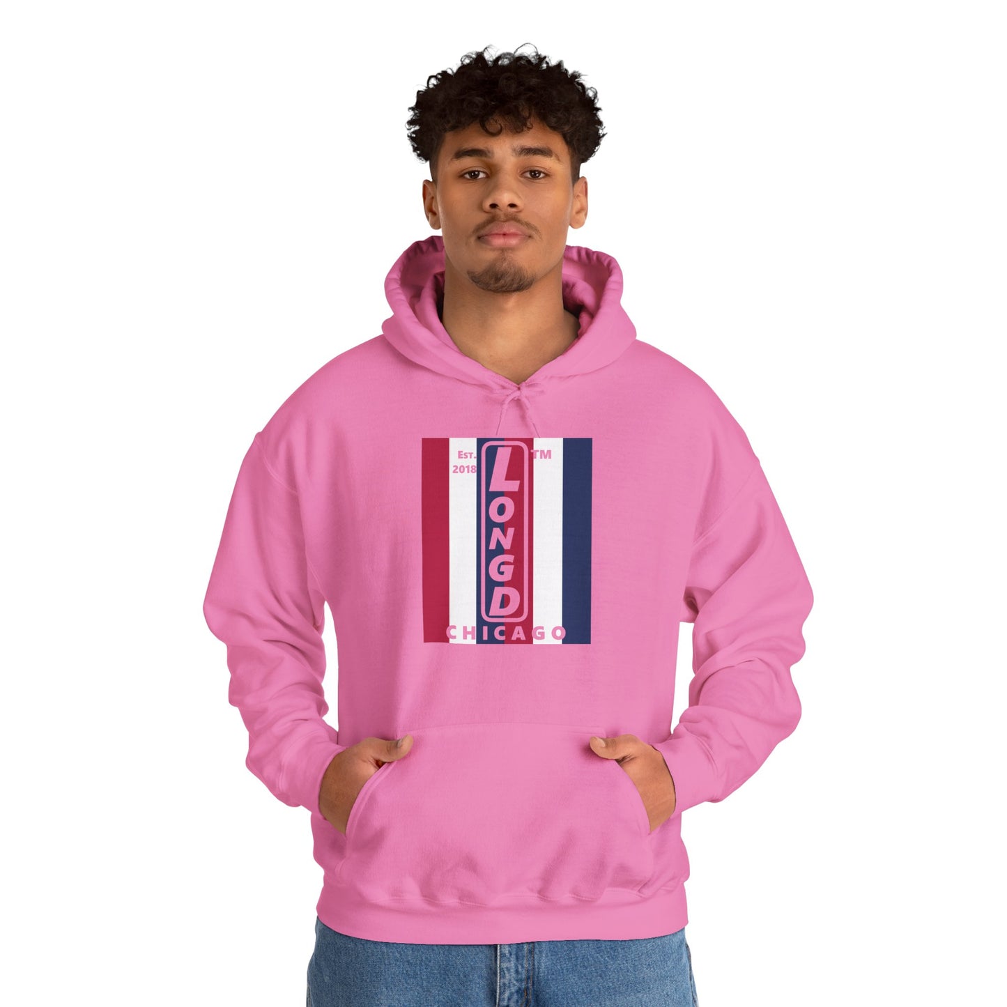 LongD® negative vertical 6-striped upright Chicago logo hoodie