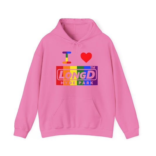 I Luv LongD® negative vertical striped Hyde Park logo hoodie (Pride colors)