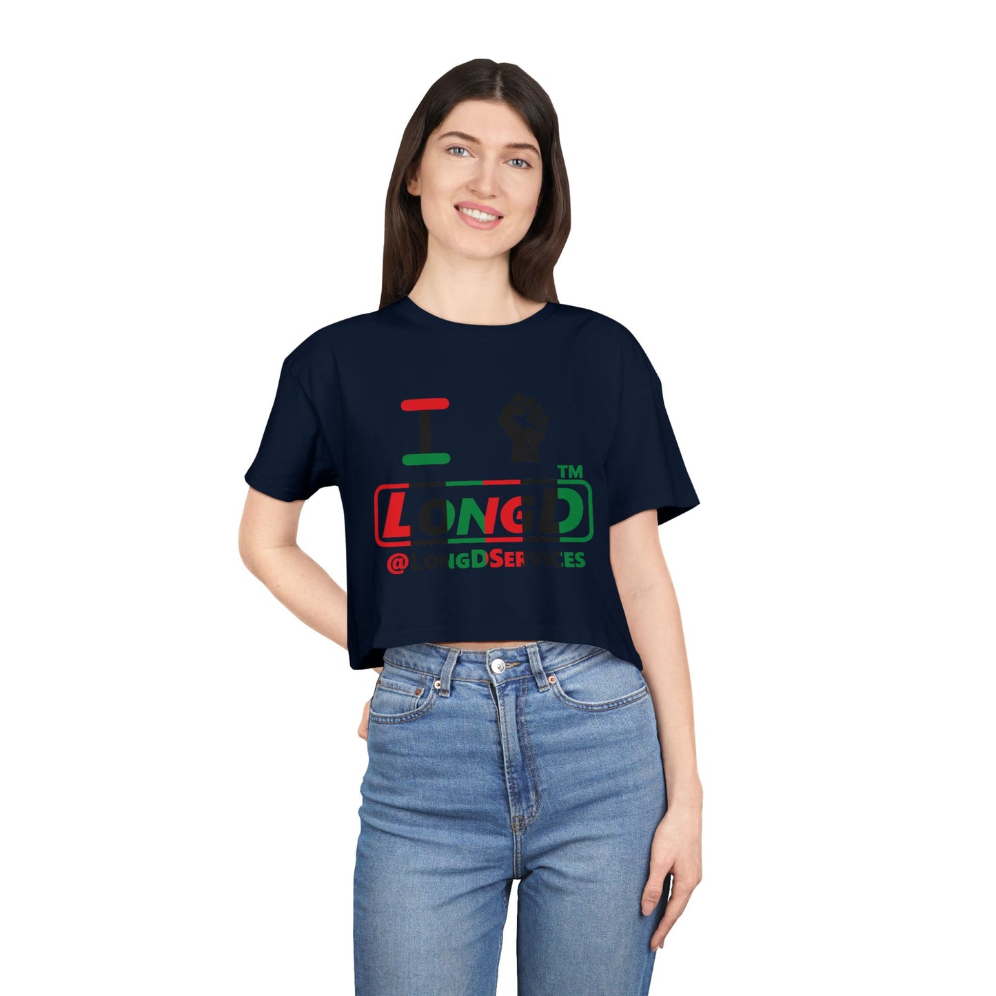 I fist LongD positive vertical 6-striped tag logo crop tee