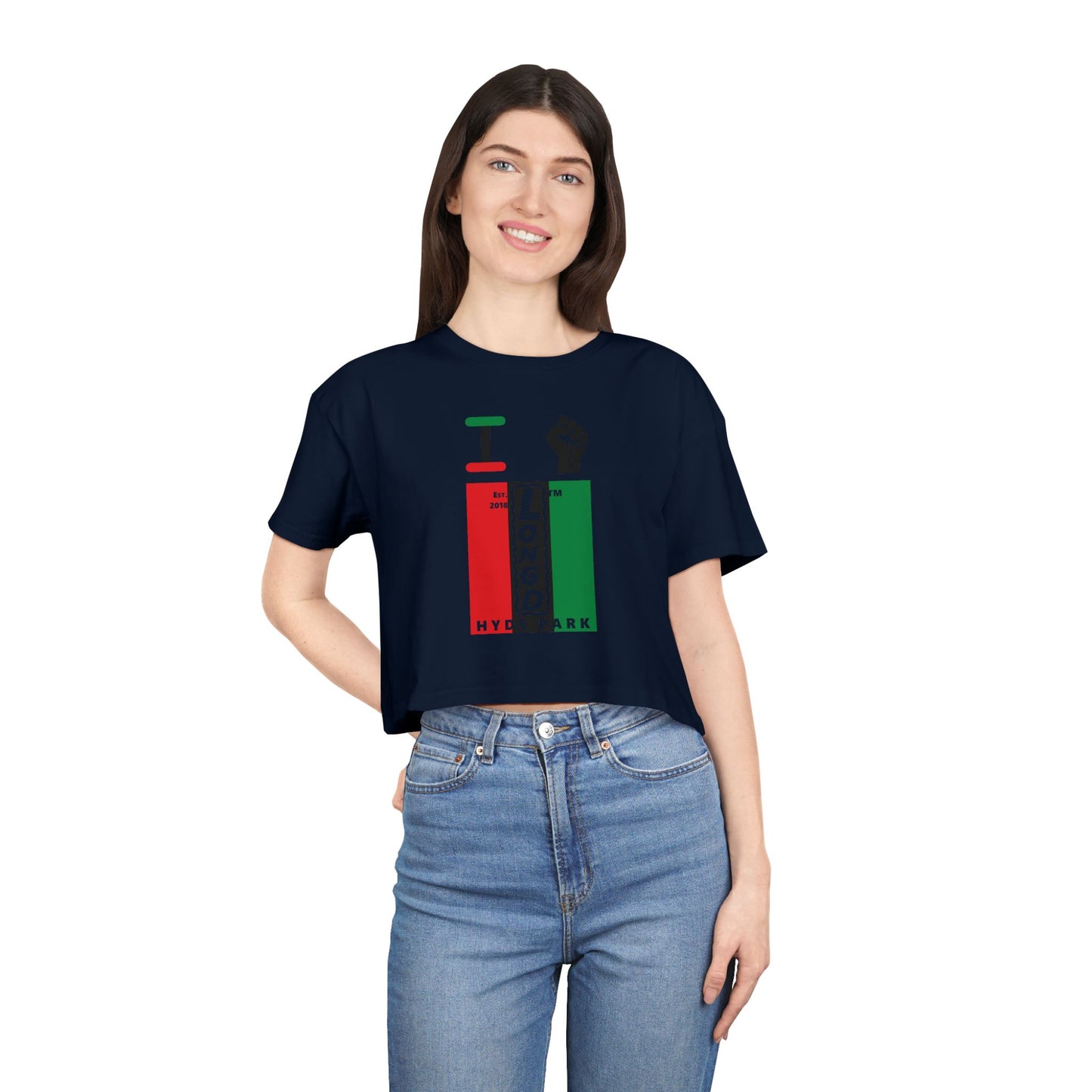 I fist LongD negative vertical 3-striped upright front-back Hyde Park logo crop tee (Juneteenth colors)