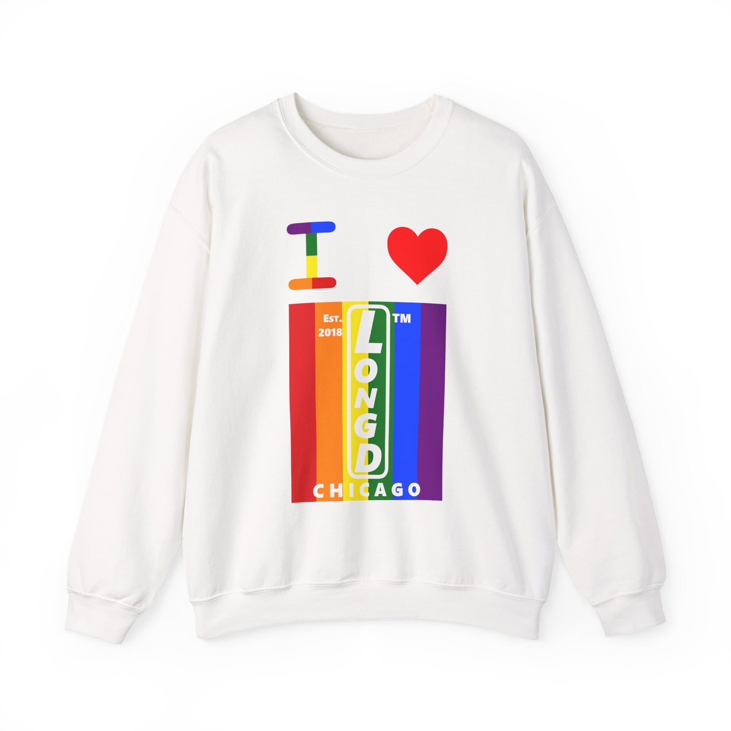 I Luv LongD negative vertical 6-striped Chicago upright logo crewneck sweatshirt