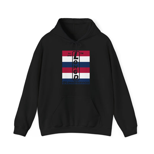 LongD® negative horizontal 6-striped upright tag logo hoodie (Patriotic colors)