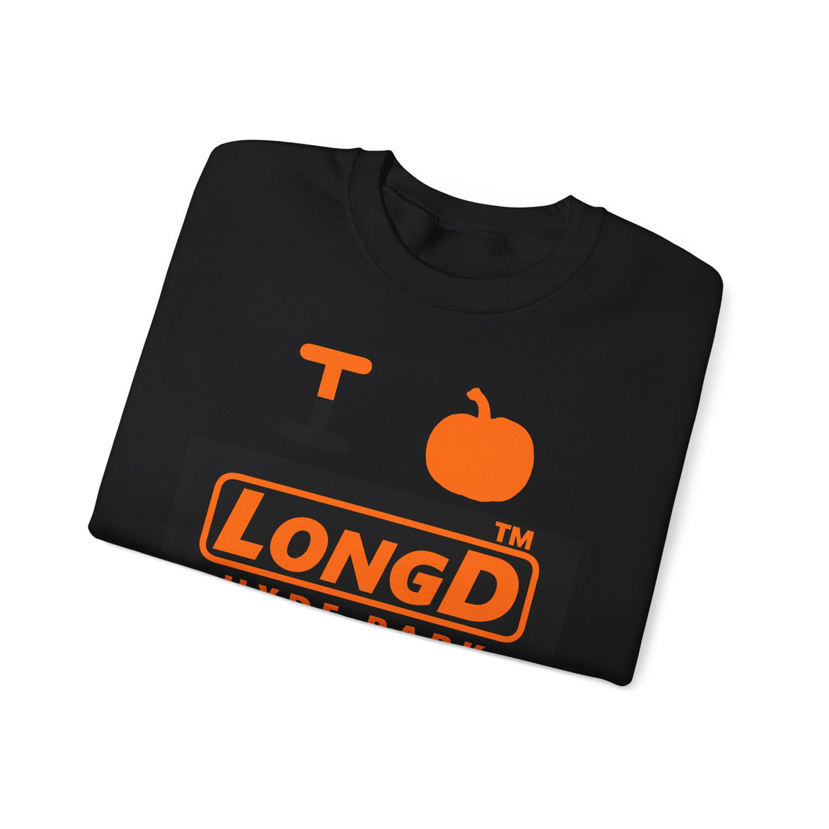 I pumpkin LongD Hyde Park logo positive orange on negative black crewneck sweatshirt