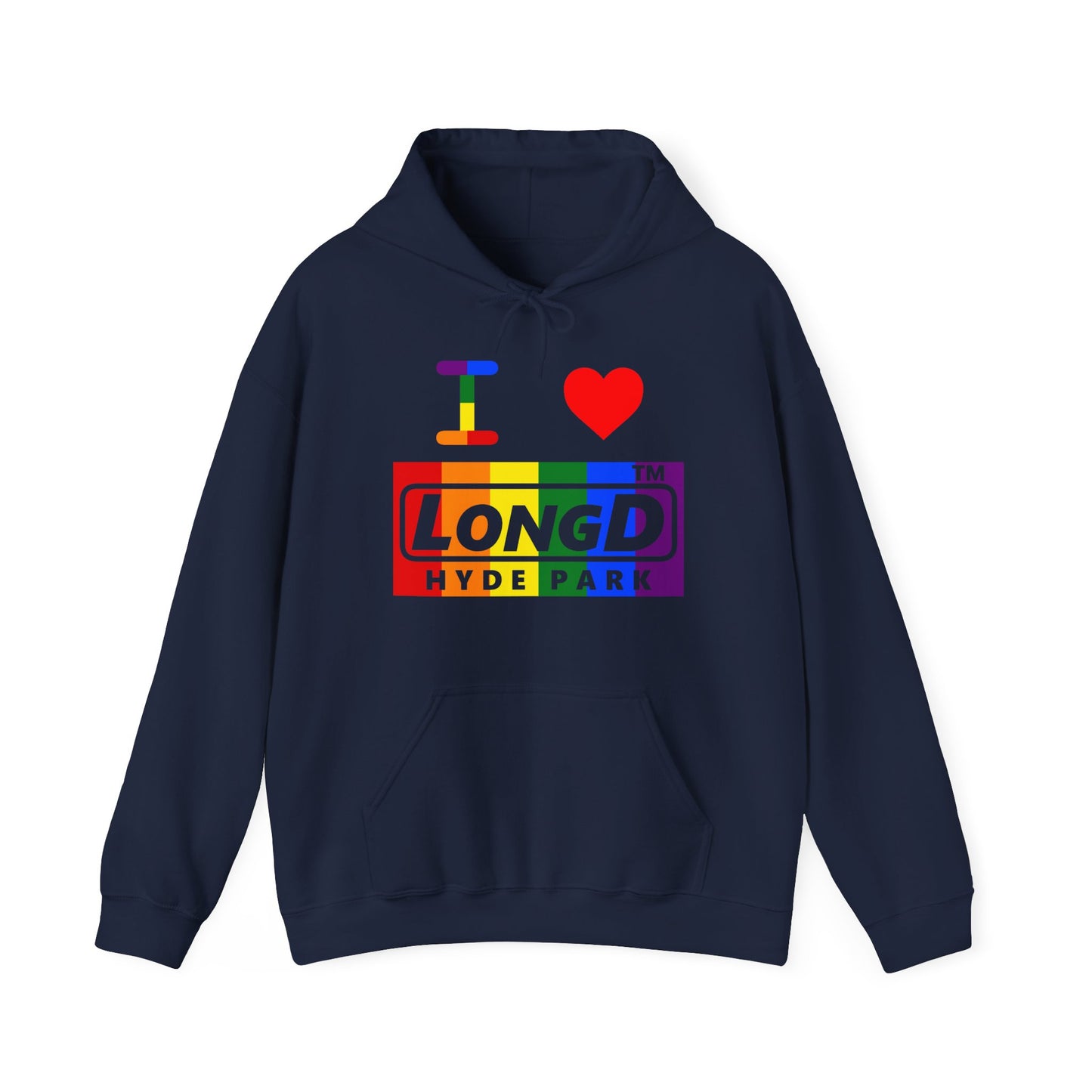 I Luv LongD® negative vertical striped Hyde Park logo hoodie (Pride colors)