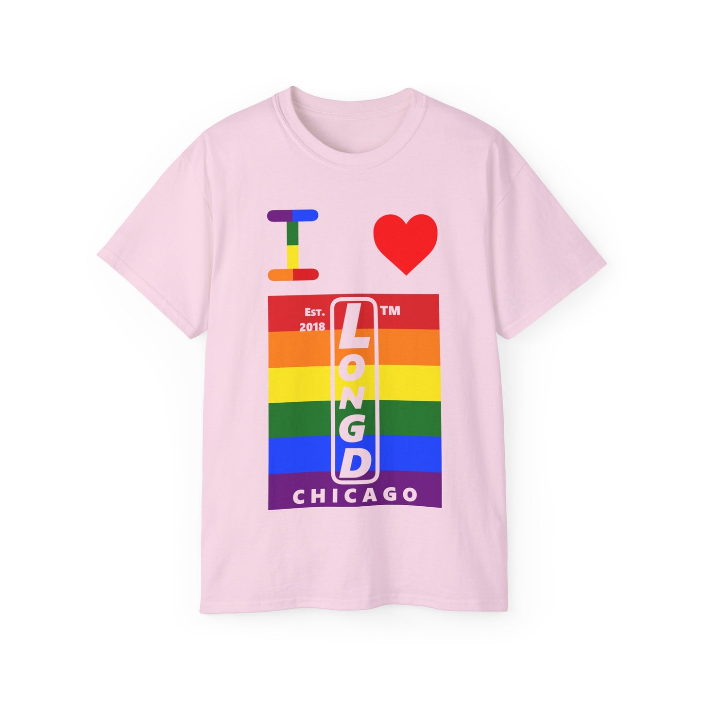 I Luv LongD Cotton Tee negative horizontal striped Chicago upright logo (Pride colors)