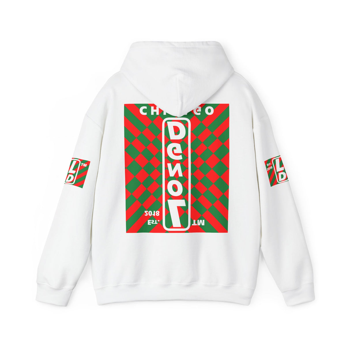 LongD Chicago negative upright stylized argyle 4-print logo (Xmas colors) hoodie